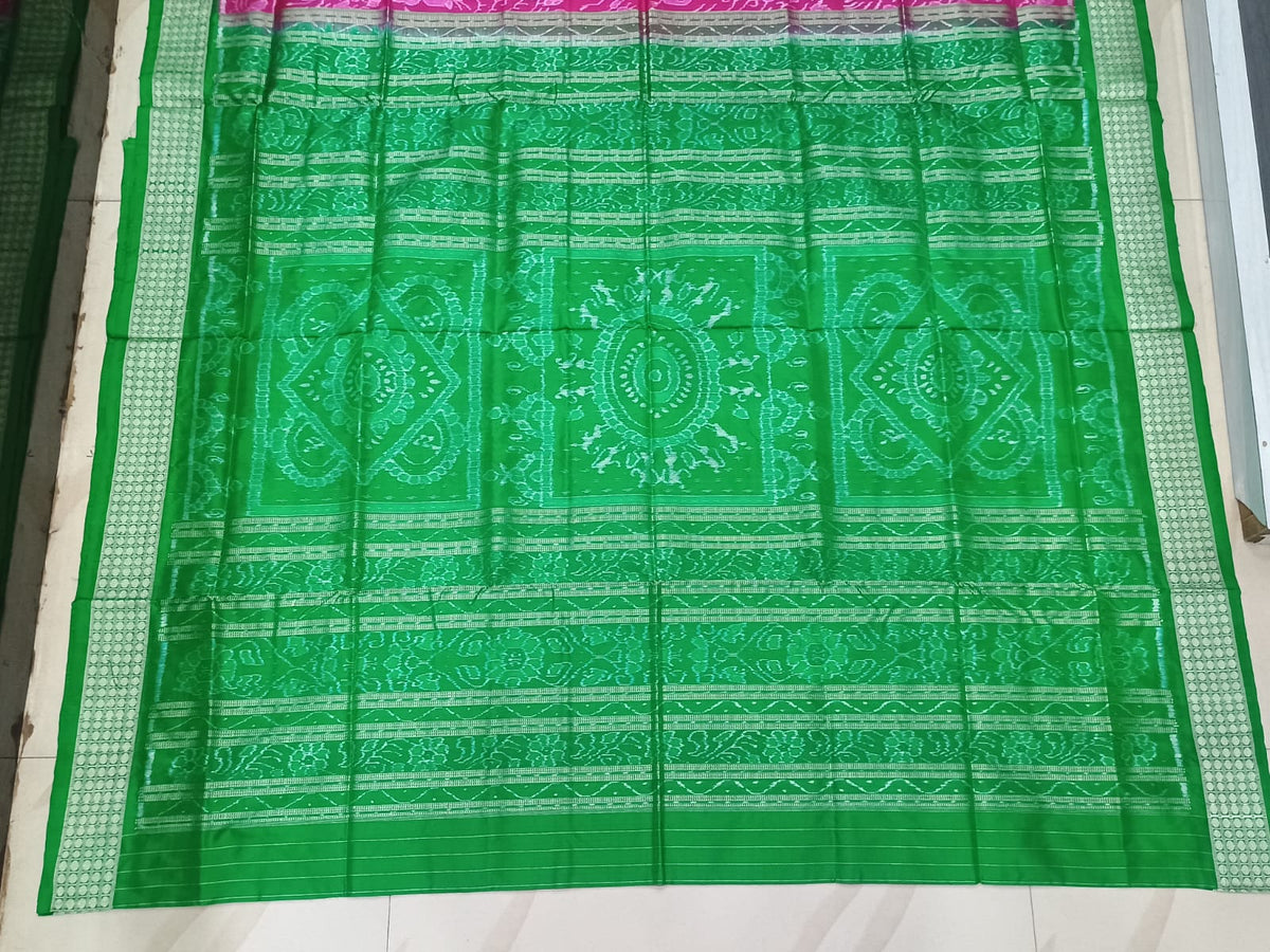 Rani Pink Green Jungle Design Sambalpuri Silk Saree