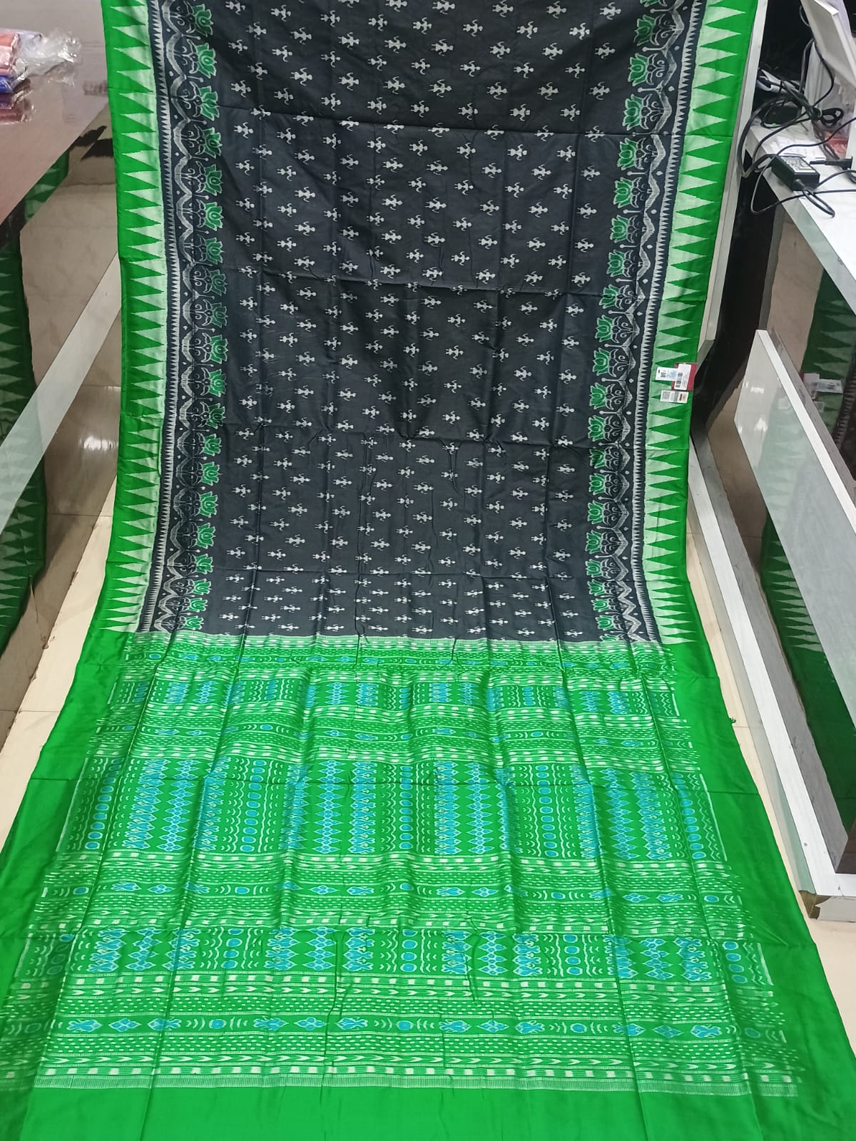 Black Green Tribal Design Sambalpuri Silk Saree