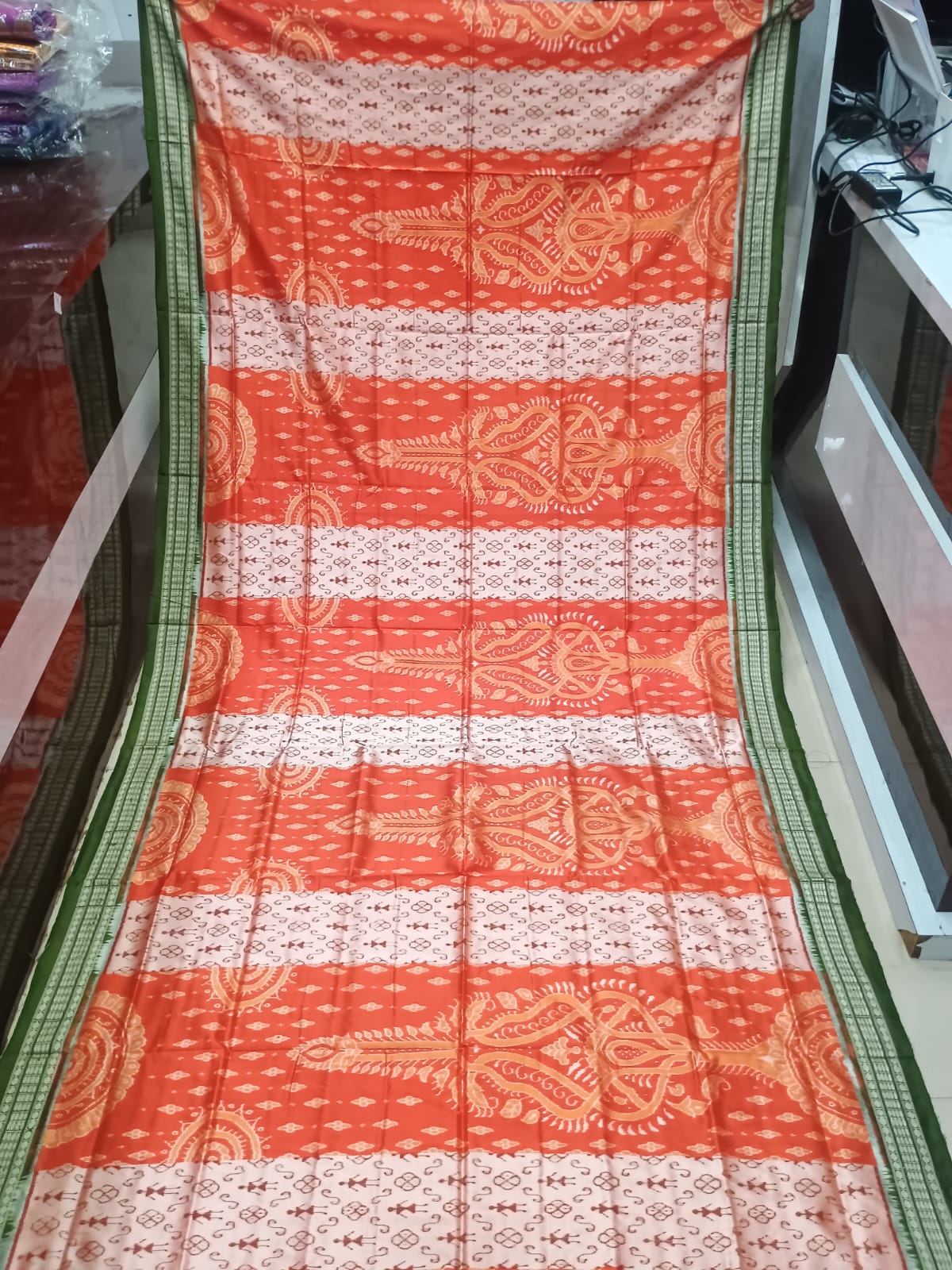 Orange Mehendi Green Tribal With Jhoti Design Sambalpuri Silk Saree