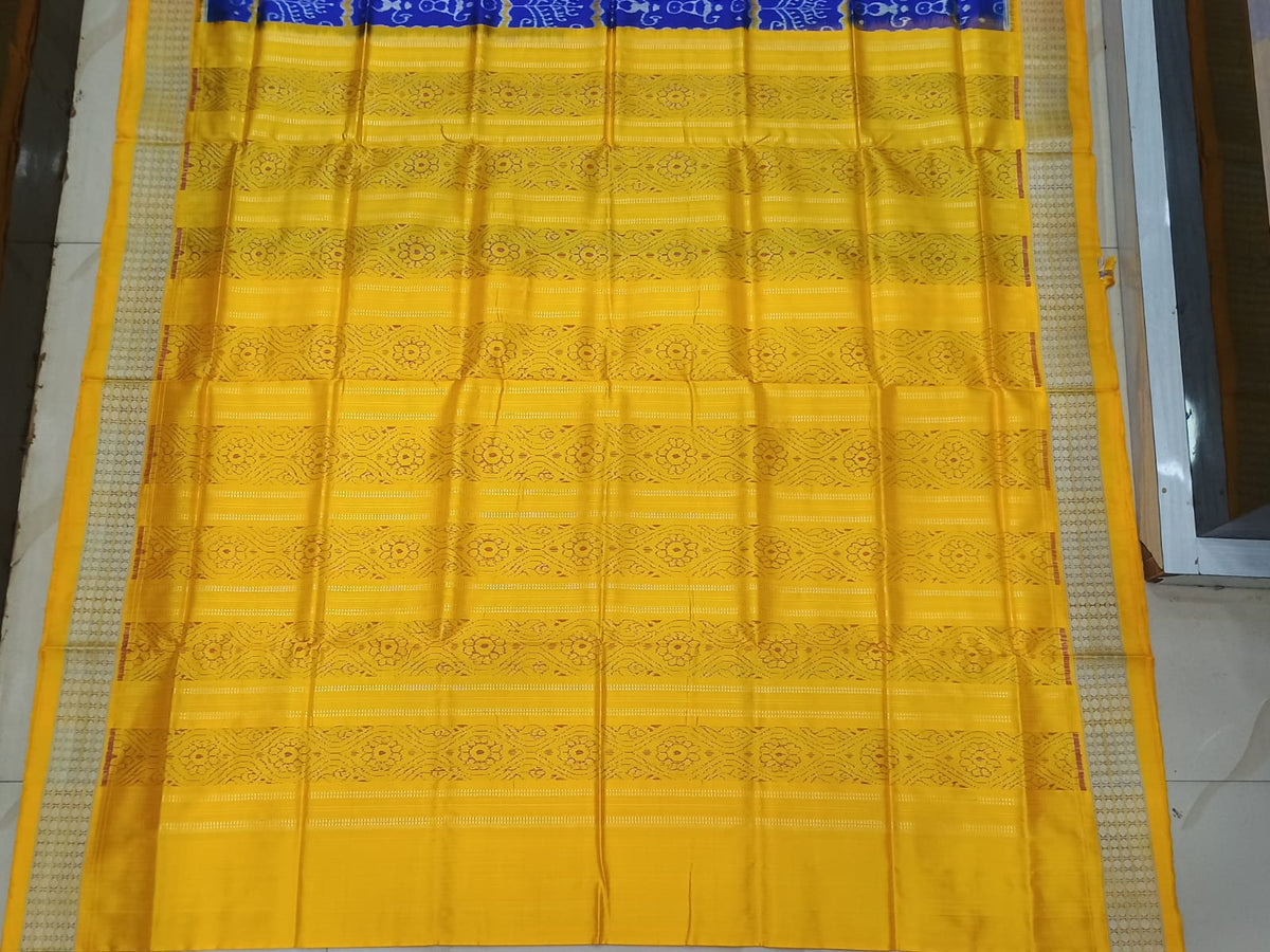 Blue Yellow Tribal And Tree Design Sambalpuri Silk Saree