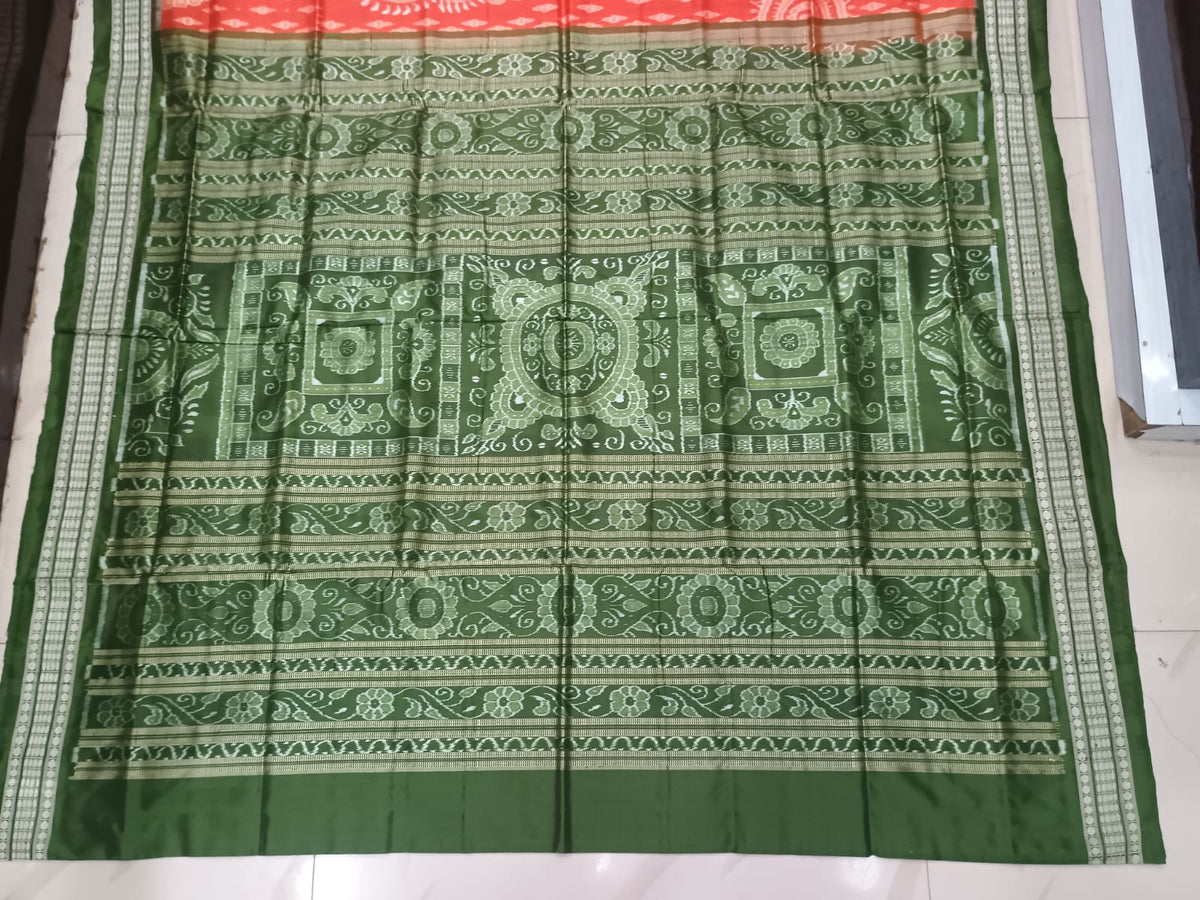 Orange Mehendi Green Tribal With Jhoti Design Sambalpuri Silk Saree