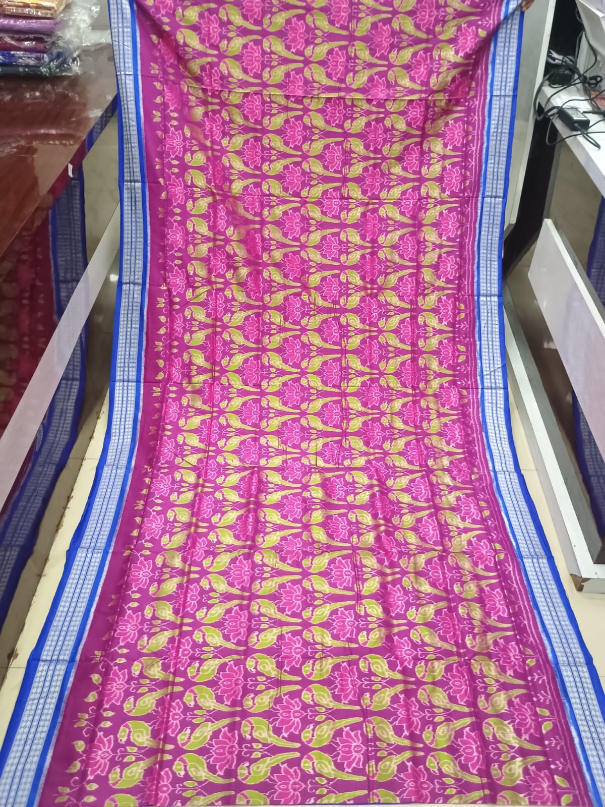Magenta Blue Lotus And Parrot Design Sambalpuri Silk Saree