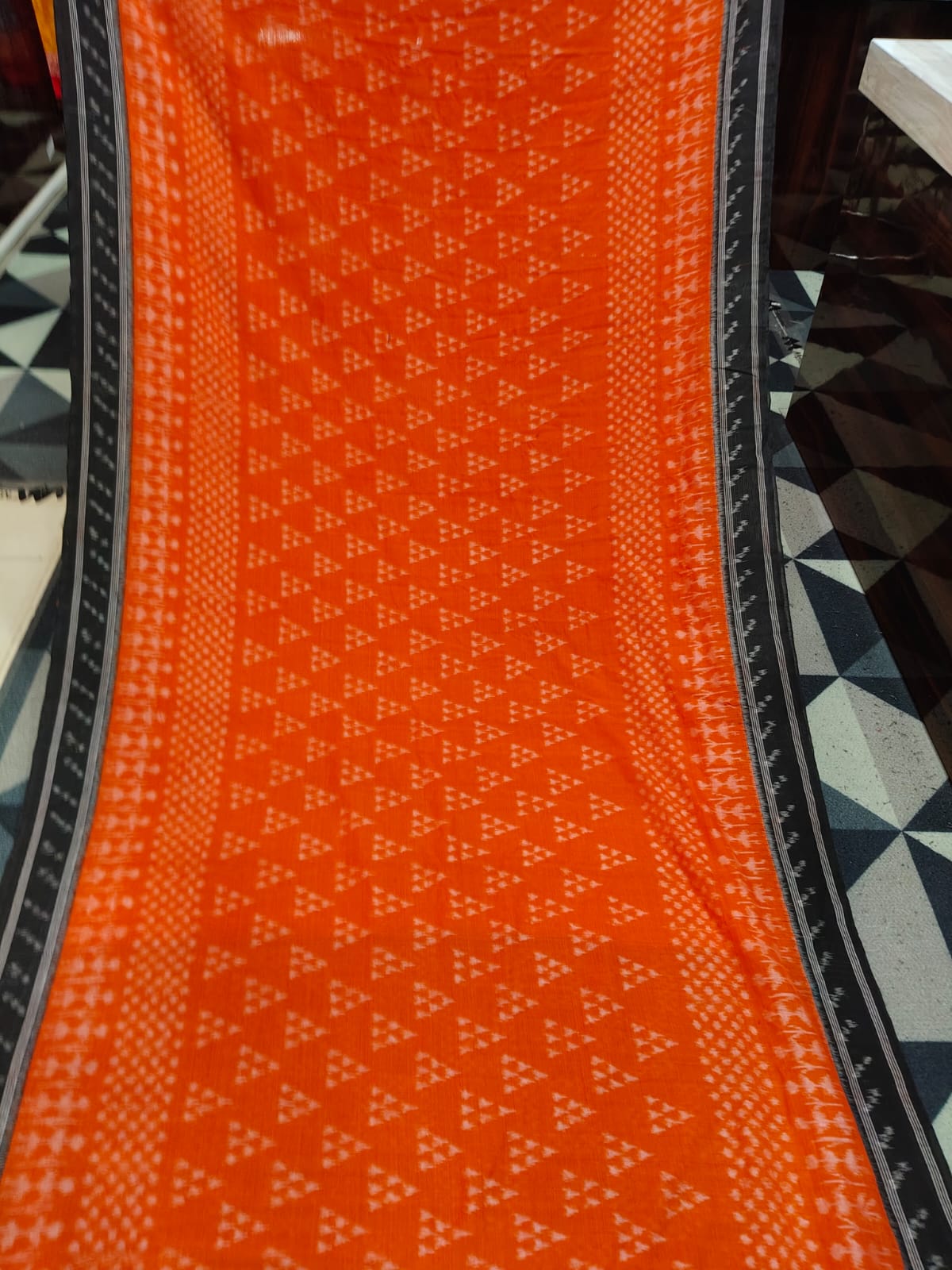 Orange Black Chita & Scot Tribal Design Khandua Cotton Saree