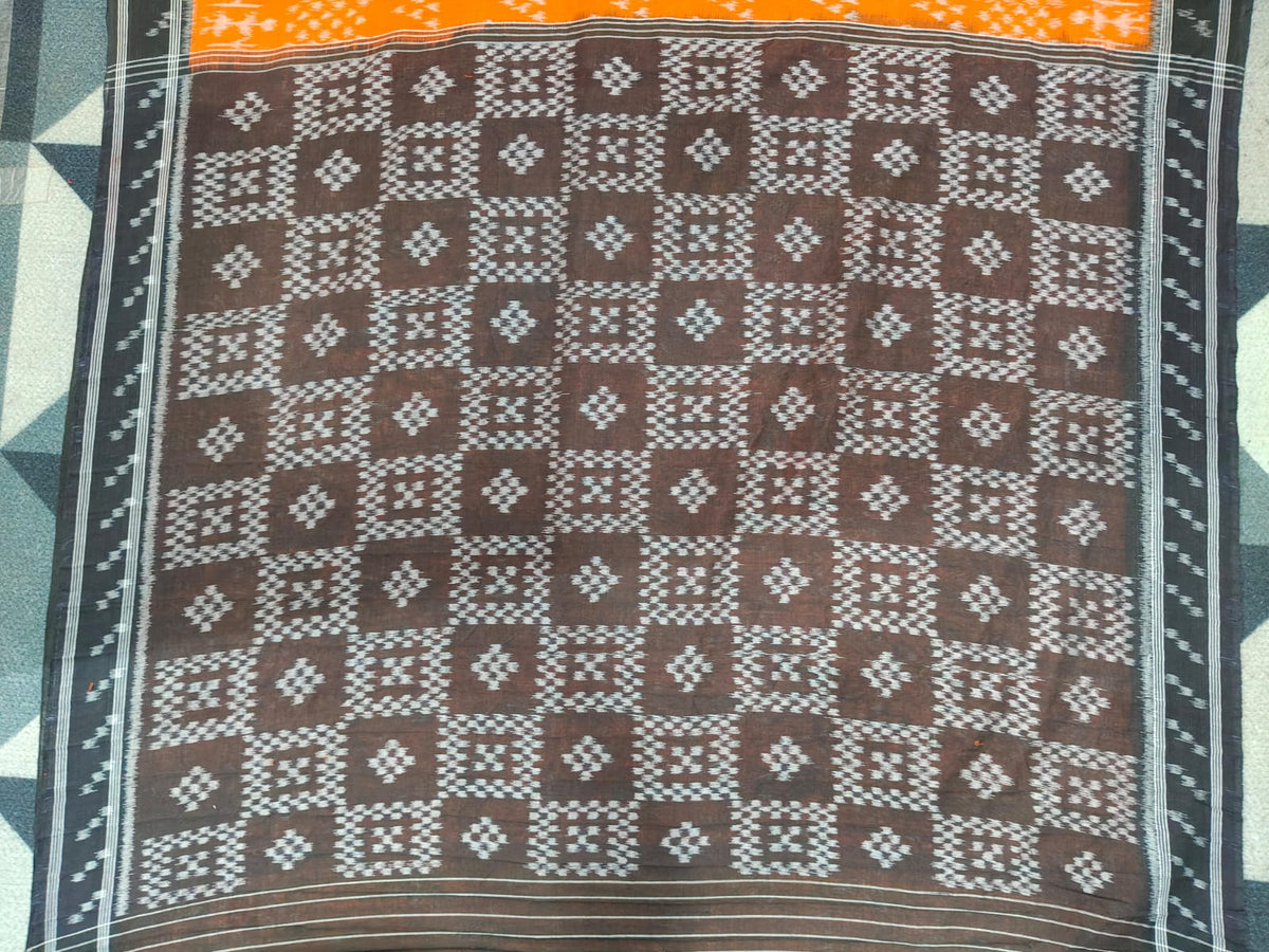 Orange Black Chita & Scot Tribal Design Khandua Cotton Saree