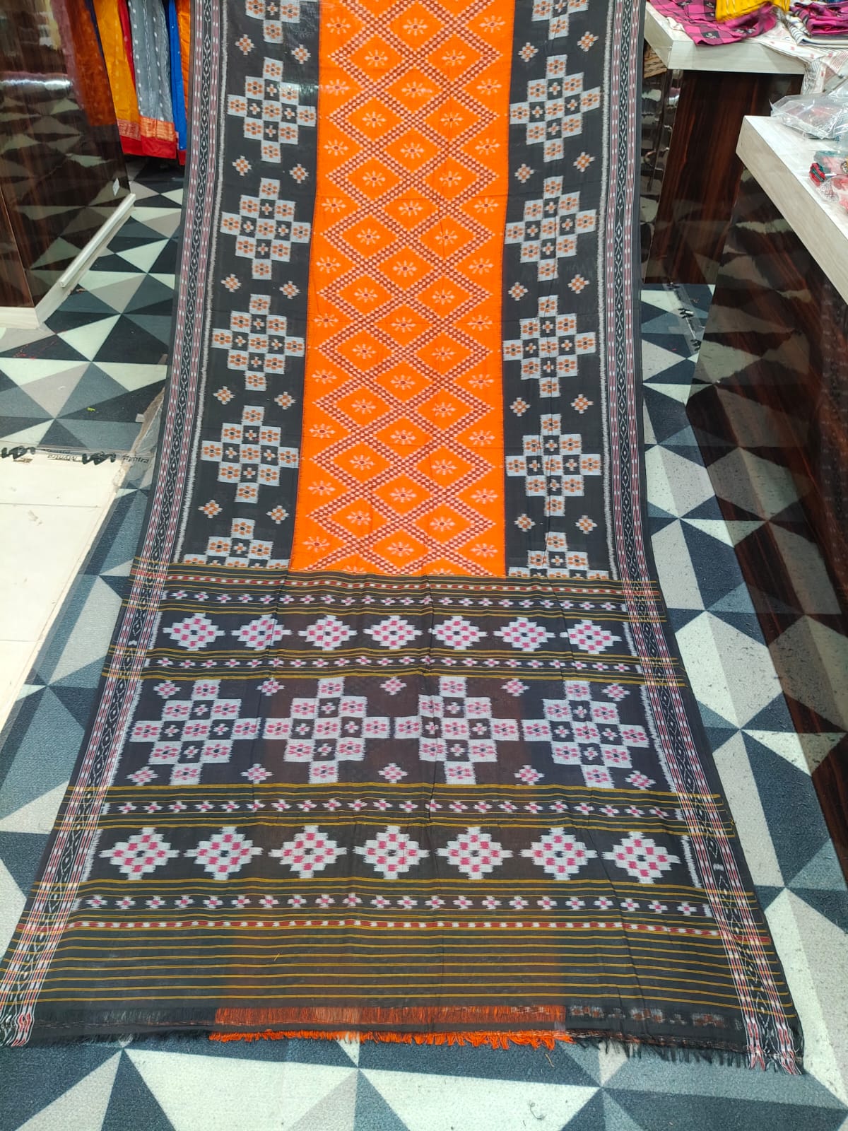 Orange Black Tarabali Design Khandua Cotton Saree