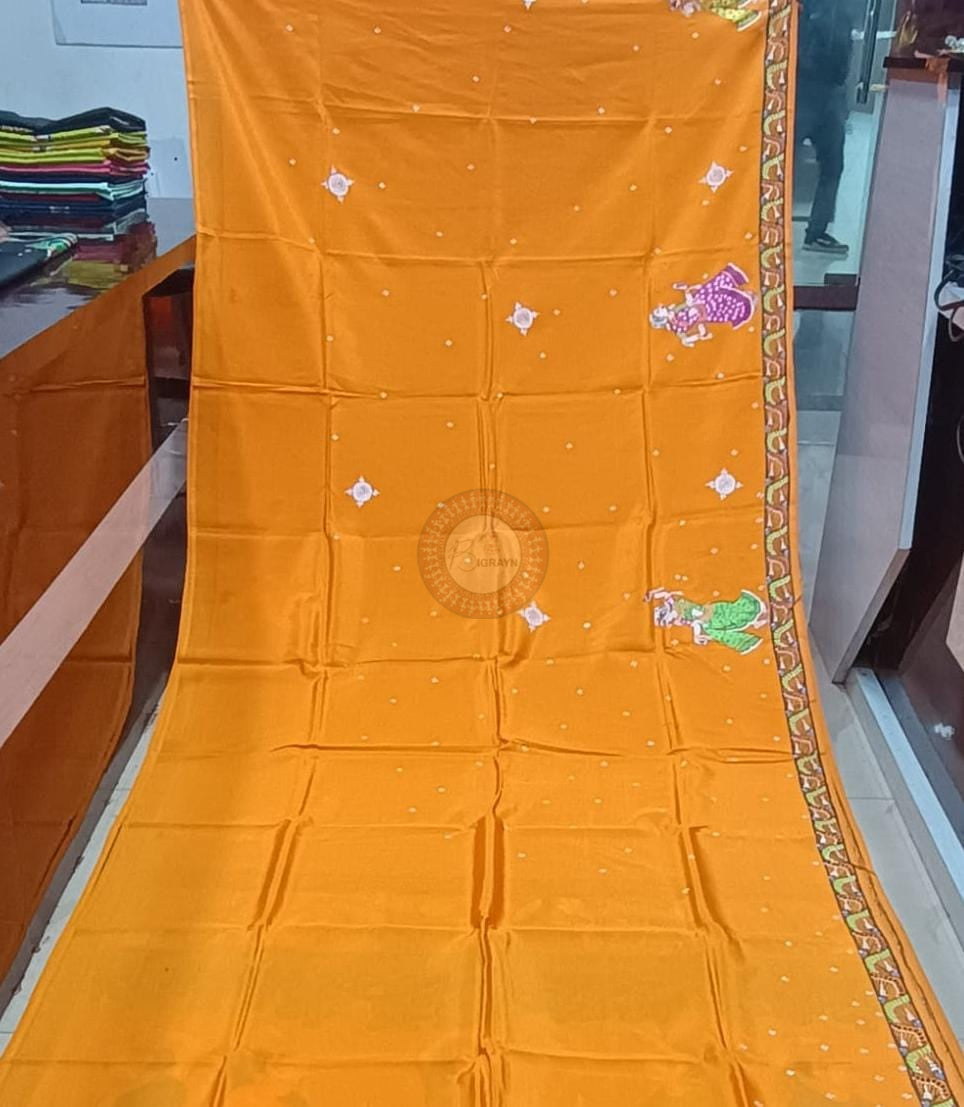 Yellow Musical Instument & Dancer Theme Pattachitra Khadi Silk Saree