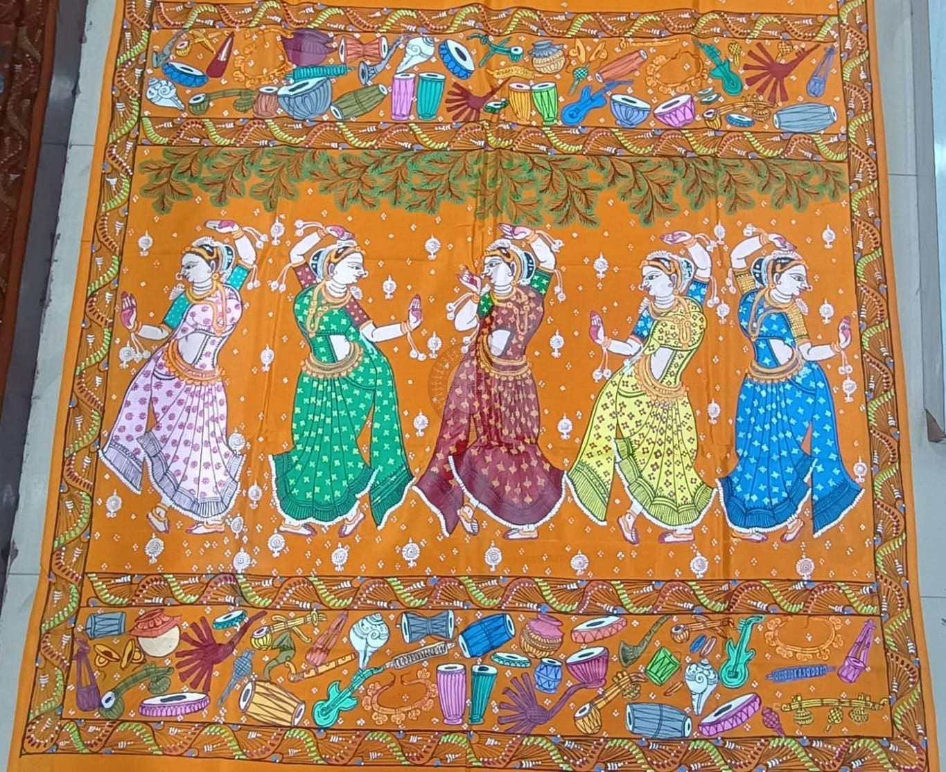 Yellow Musical Instument & Dancer Theme Pattachitra Khadi Silk Saree