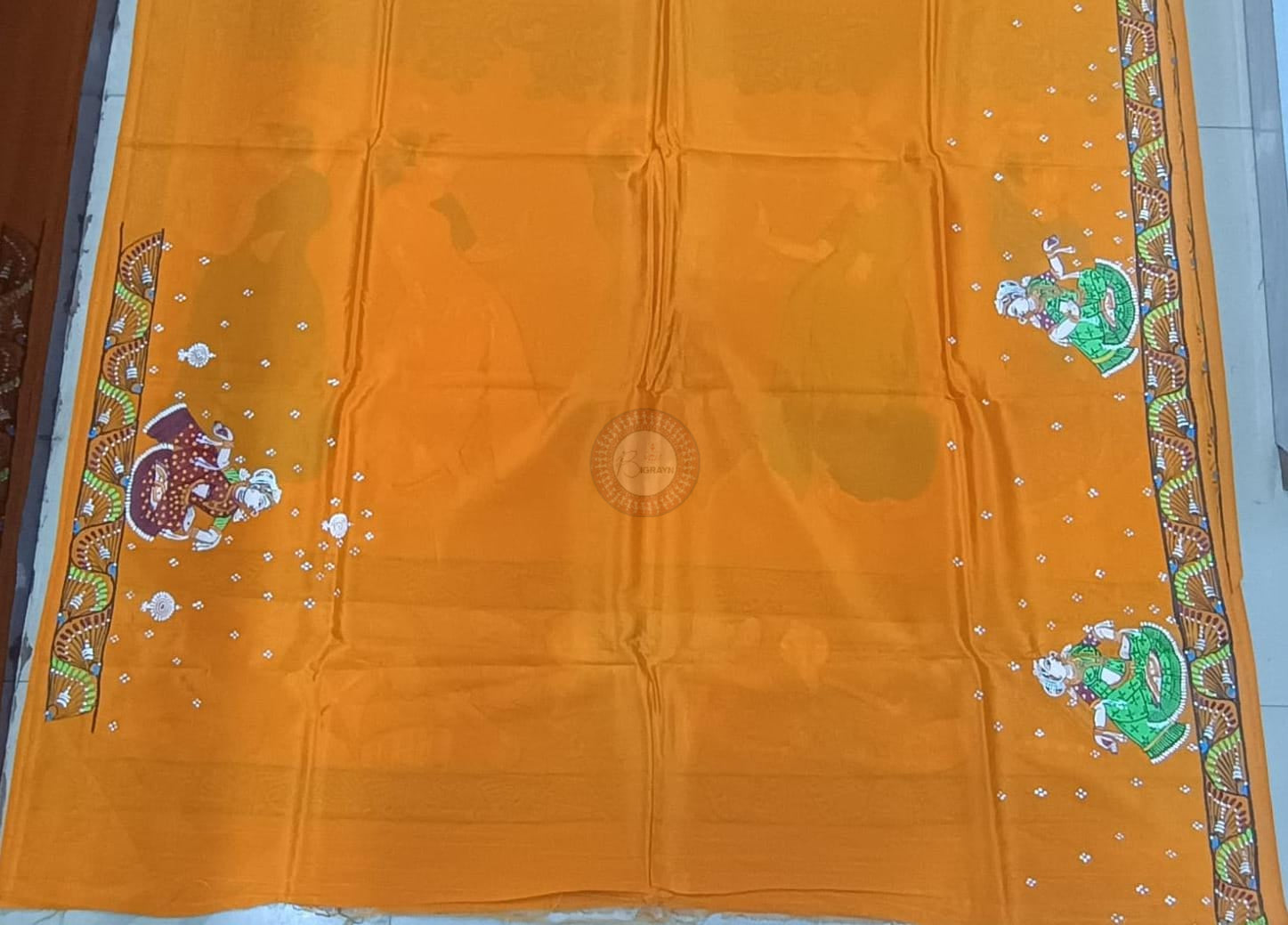 Yellow Musical Instument & Dancer Theme Pattachitra Khadi Silk Saree