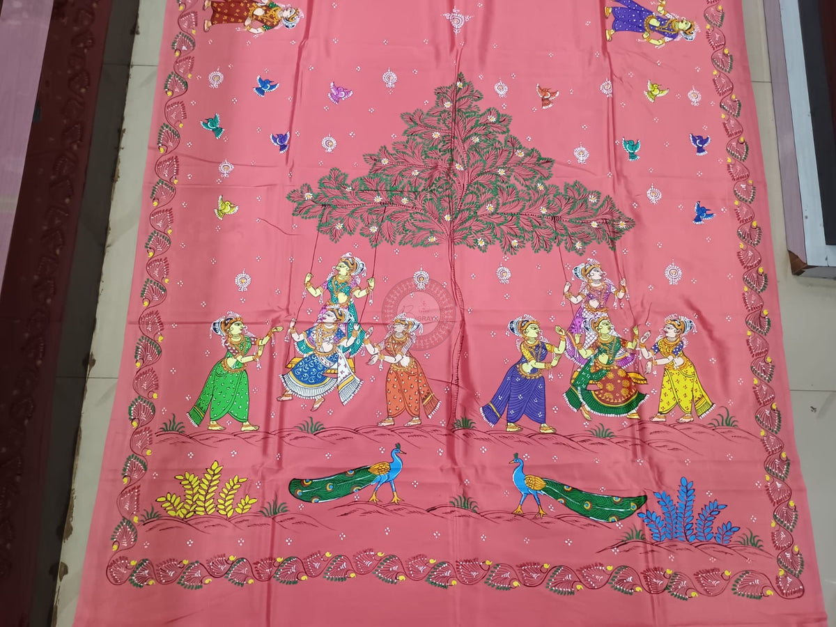 Peach Raja Doli Theme Pattachitra Khadi Silk Saree