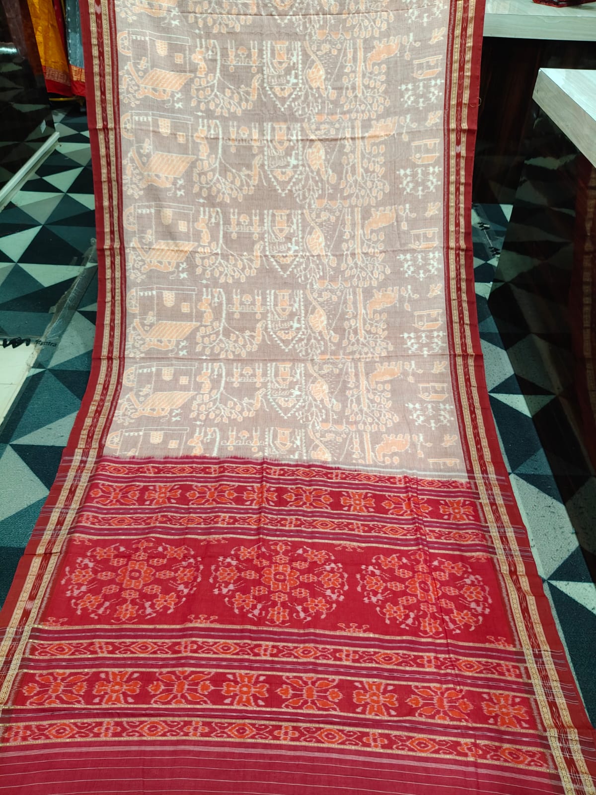 Peach Red Tribal & House Design Khandua Cotton Saree