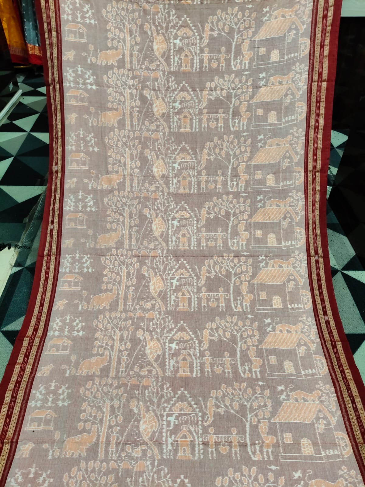 Peach Red Tribal & House Design Khandua Cotton Saree