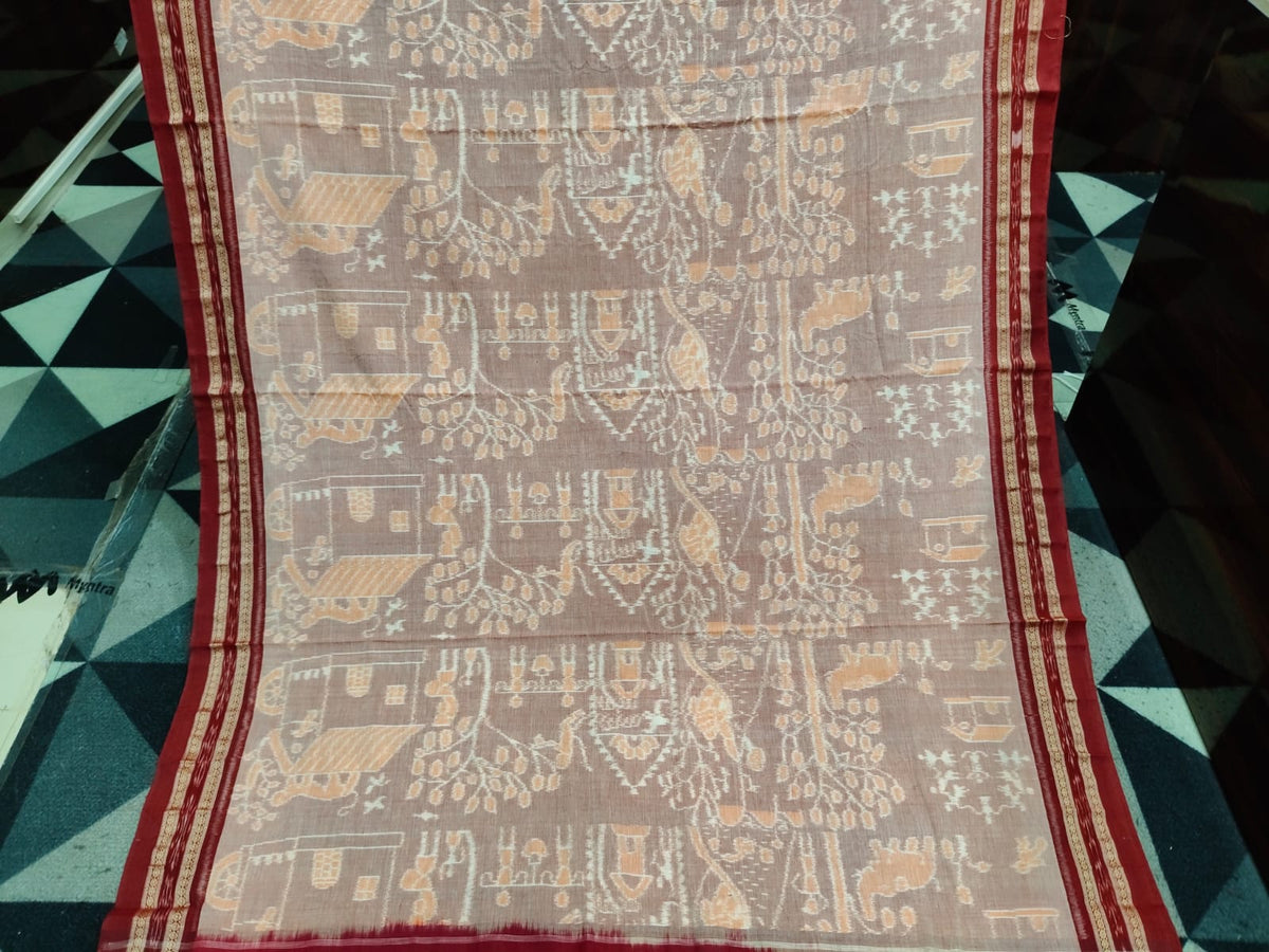 Peach Red Tribal & House Design Khandua Cotton Saree
