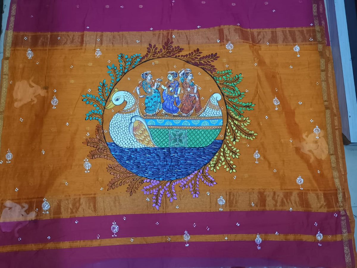 Pink & Yellow Hand-Painted Pattachitra Saree – South Cotton Nabakeli Boita Theme