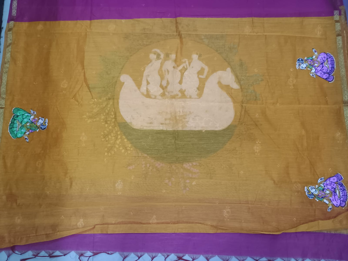 Pink & Yellow Hand-Painted Pattachitra Saree – South Cotton Nabakeli Boita Theme