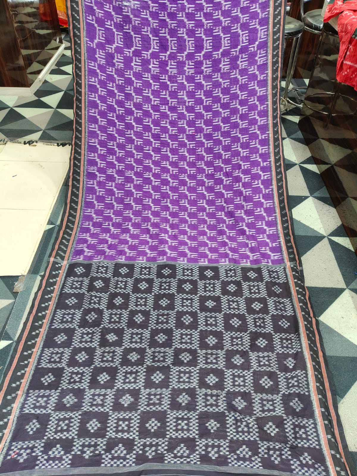 Purple Black Ikat Design Khandua Cotton Saree