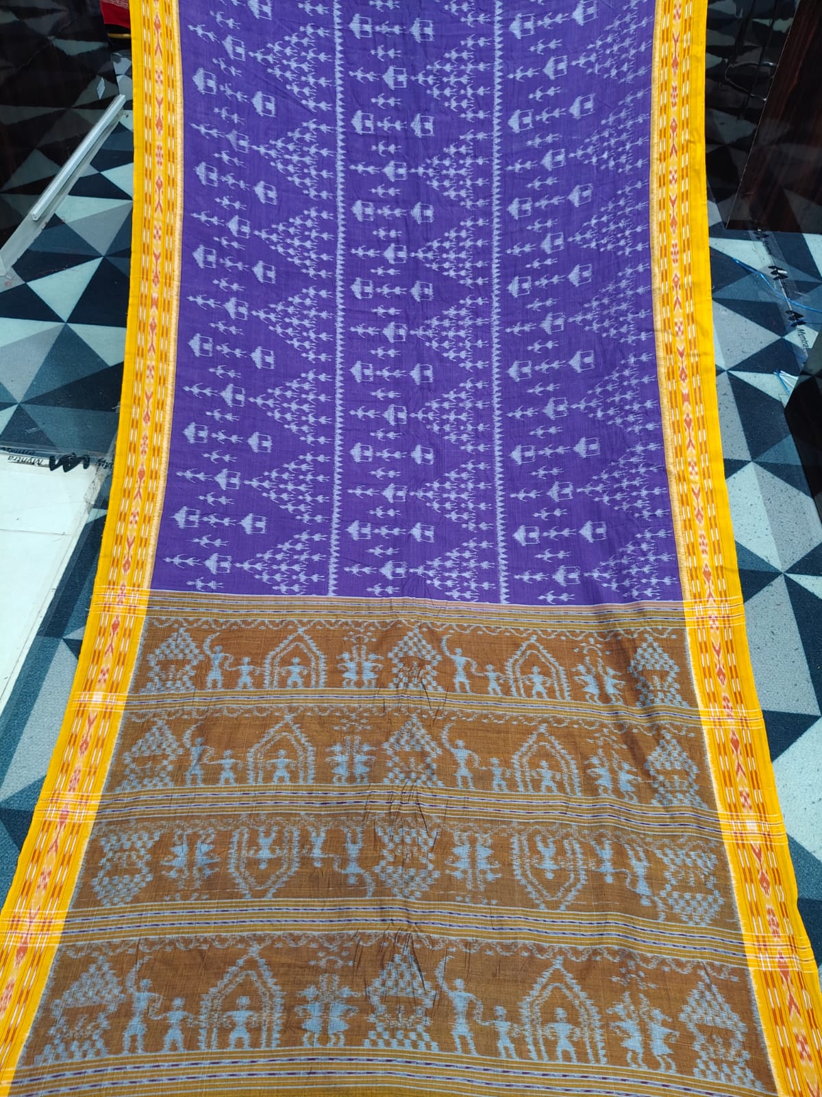 Purple Yellow Tribal Design Khandua Cotton Saree