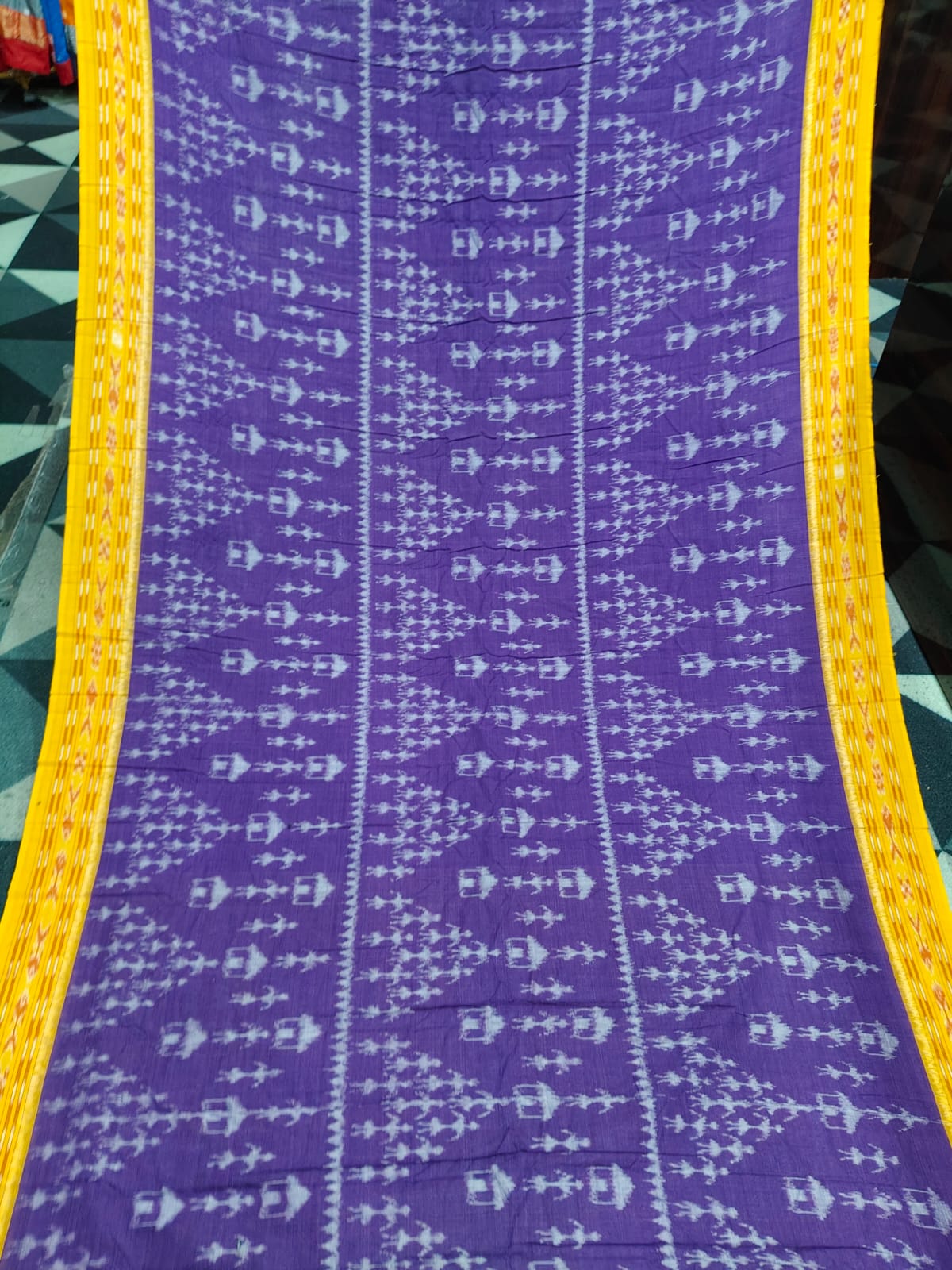 Purple Yellow Tribal Design Khandua Cotton Saree