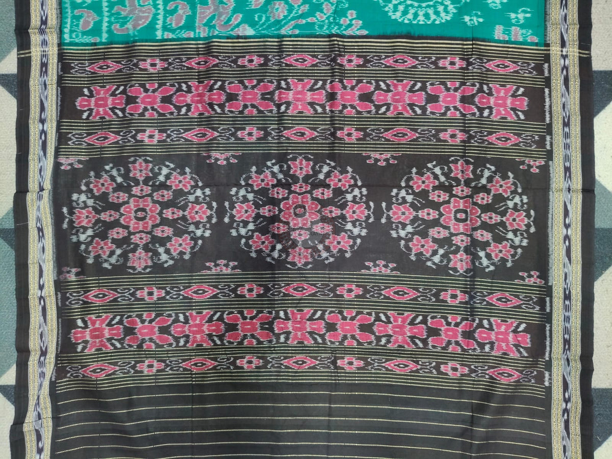 Rama Green Black Round Tribal And Animal Design Khandua Cotton Saree