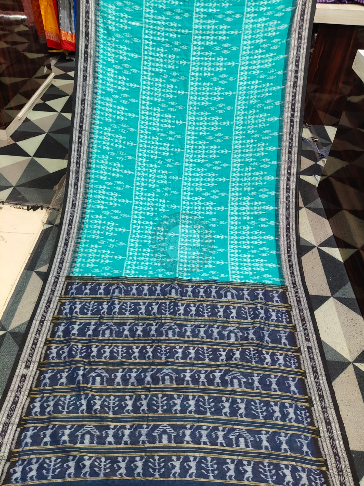 Rama Green Black Tribal Design Khandua Cotton Saree