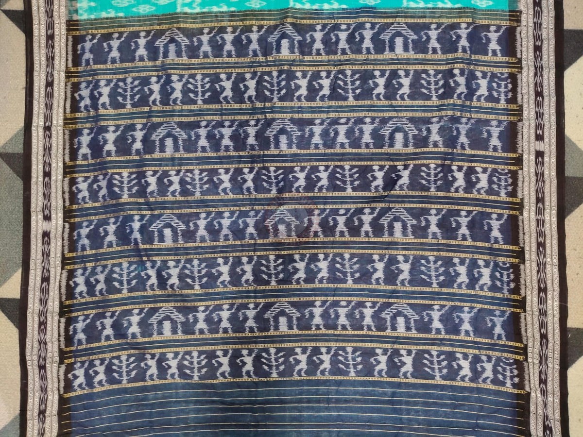 Rama Green Black Tribal Design Khandua Cotton Saree