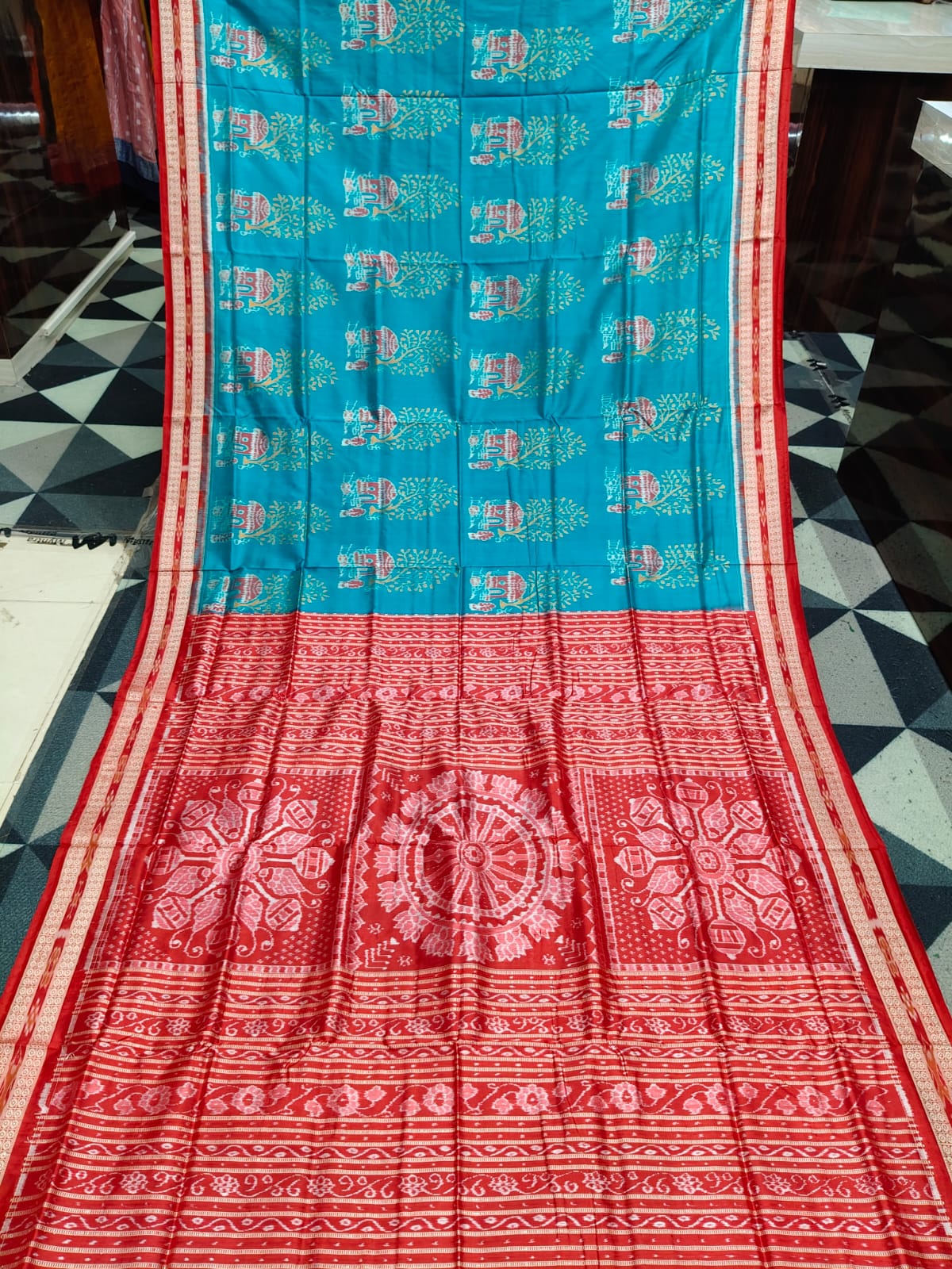 Rama Green Red House And Tree Design Sambalpuri Silk Saree