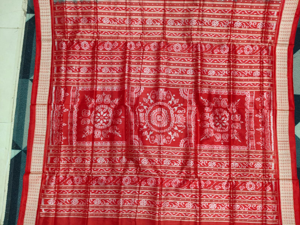 Rama Green Red Tree Design Sambalpuri Silk Saree