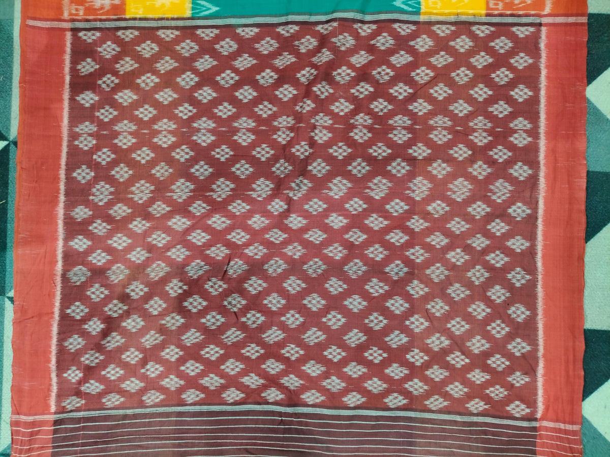 Rama Green Yellow Red Scot Tribal Design Khandua Cotton Saree