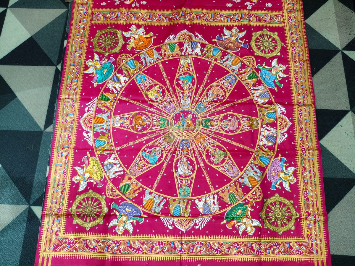 Rani Pink Full Body Konark Wheel and Odissi Dancer Pattachitra Kanjeeveram Silk Saree