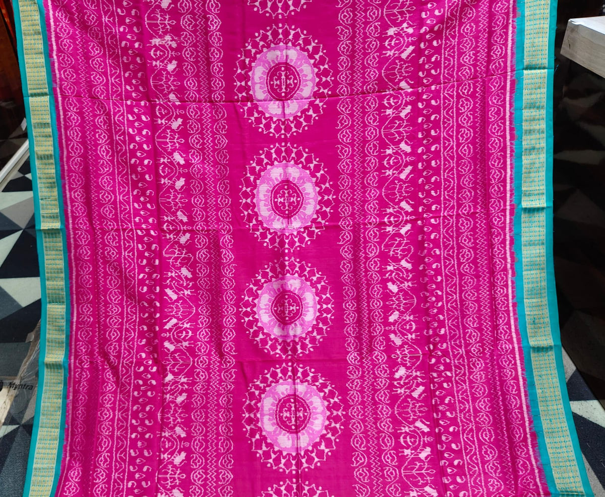 Rani Pink Sea Green Round Tribal Sambalpuri Half Tissue Silk Saree