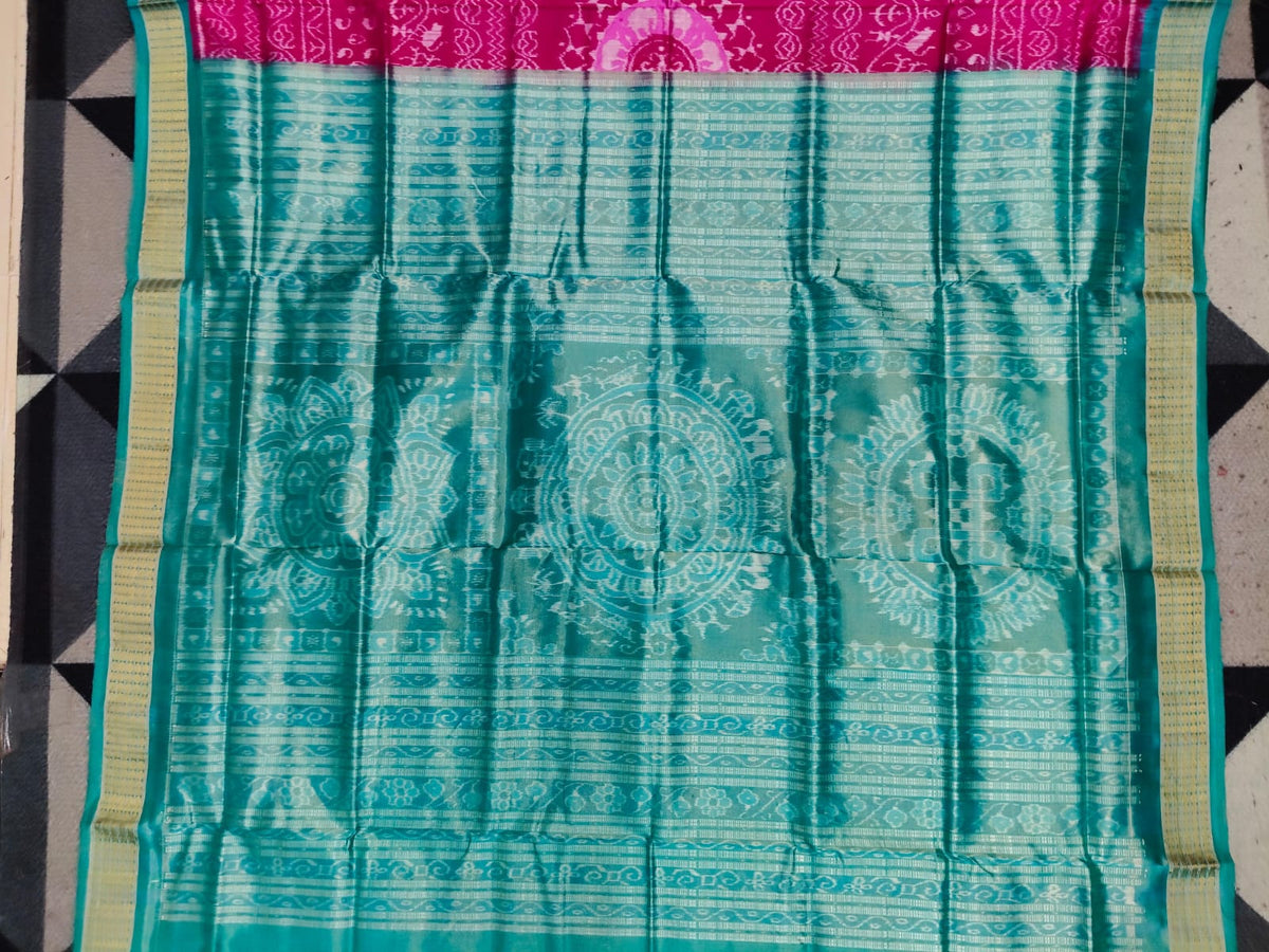 Rani Pink Sea Green Round Tribal Sambalpuri Half Tissue Silk Saree