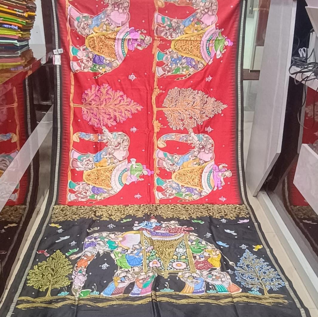Red Black Full Body 7 Figure Kandarp Hasti Theme Pattachitra Sambalpuri Silk Saree