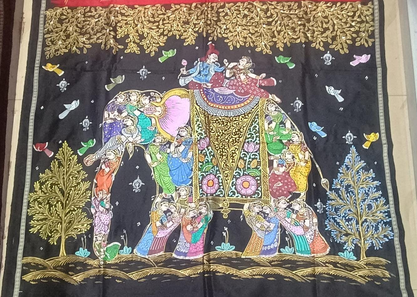 Red Black Full Body 7 Figure Kandarp Hasti Theme Pattachitra Sambalpuri Silk Saree