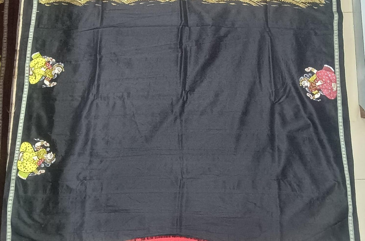 Red Black Full Body 7 Figure Kandarp Hasti Theme Pattachitra Sambalpuri Silk Saree