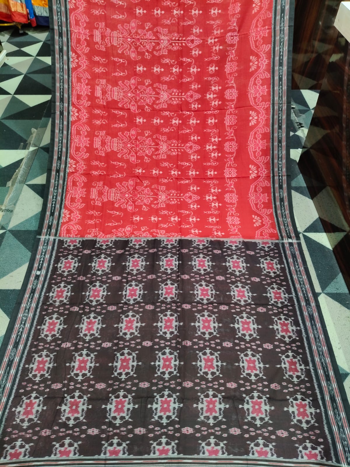 Red Black Tribal & Tree Design Khandua Cotton Saree