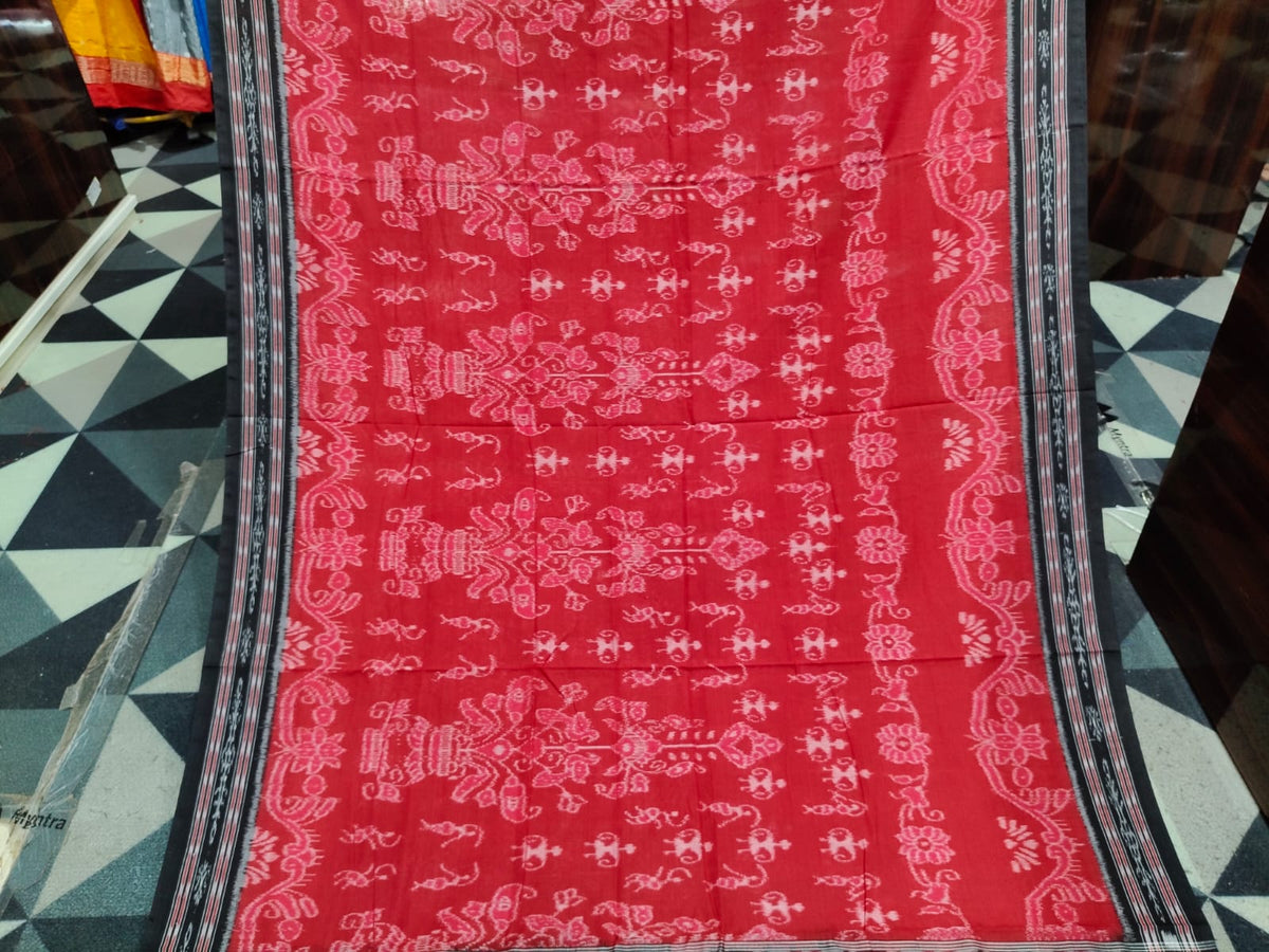 Red Black Tribal & Tree Design Khandua Cotton Saree