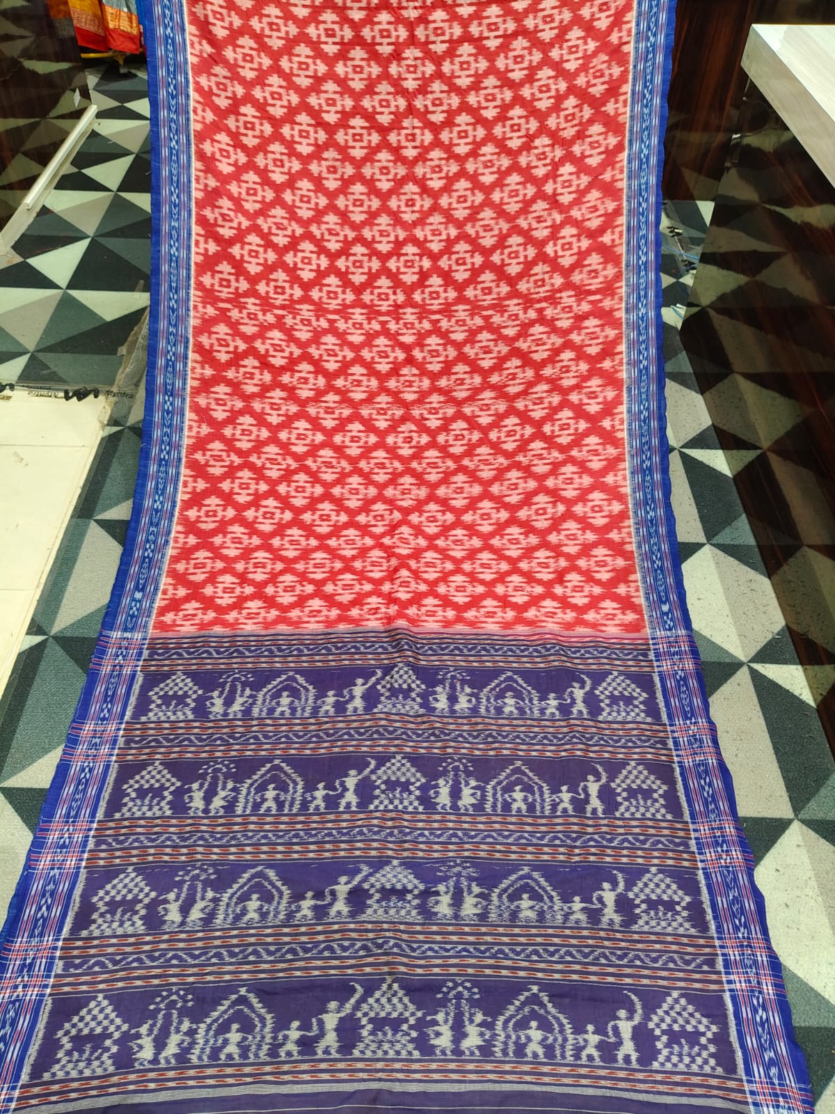 Red Blue Telia Rumal Design Khandua Cotton Saree