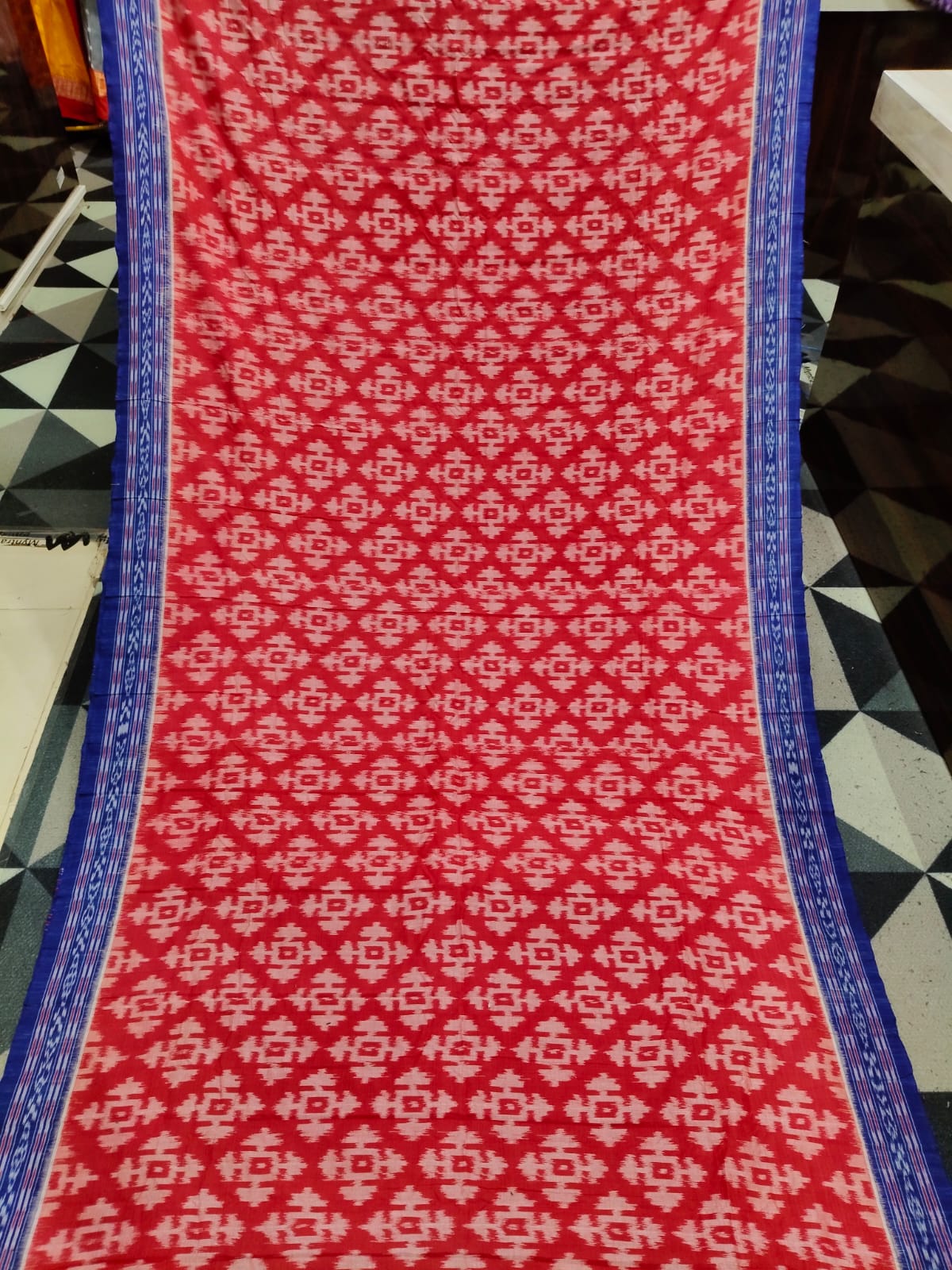 Red Blue Telia Rumal Design Khandua Cotton Saree