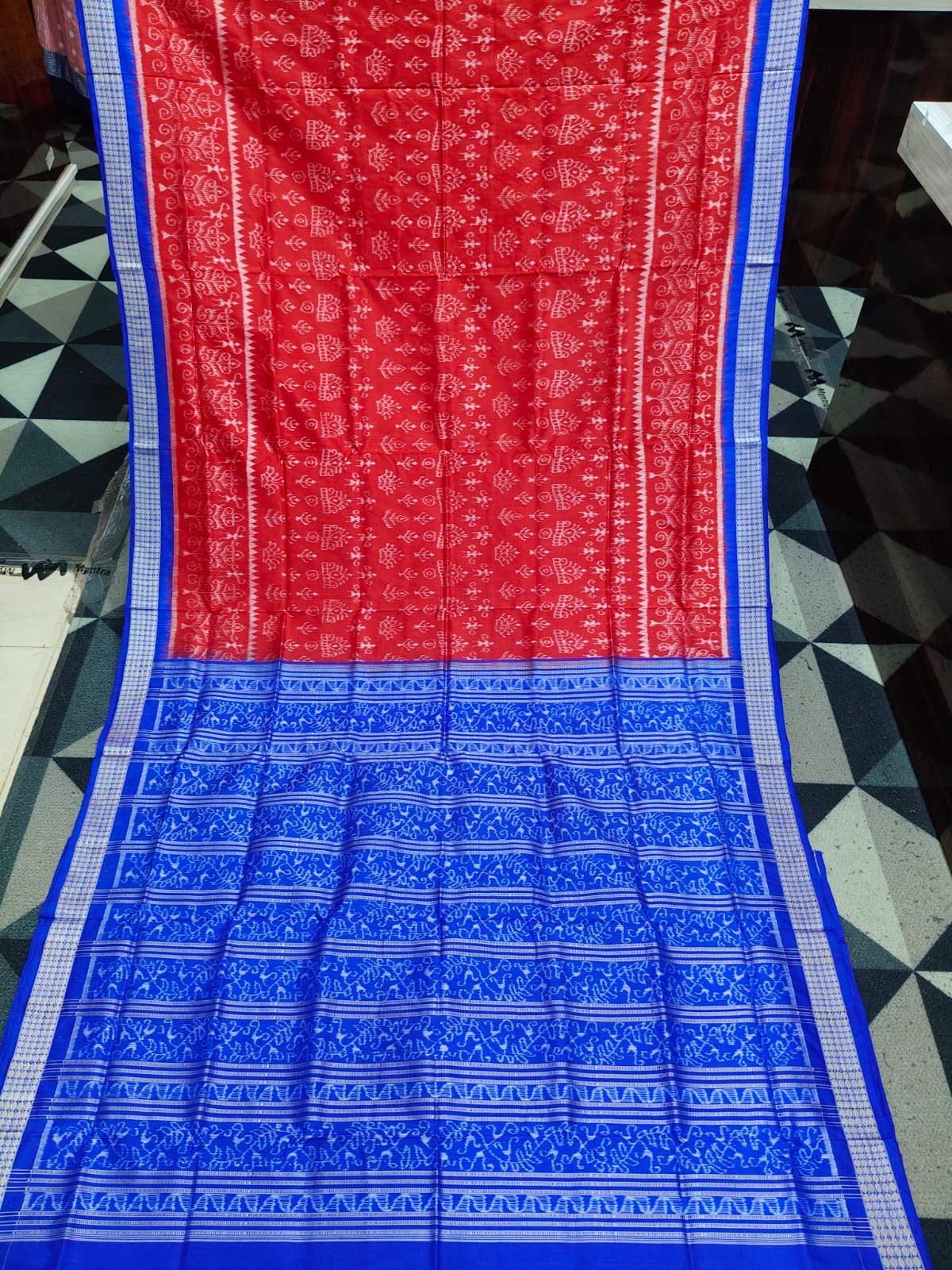 Red Blue Tribal And Tree Design Sambalpuri Silk Saree