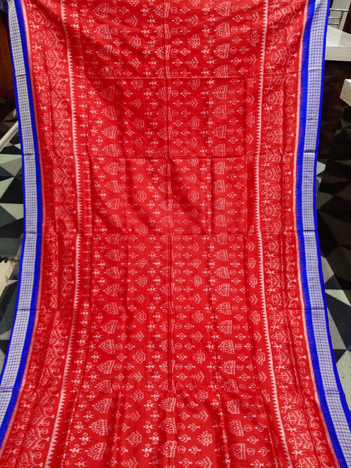 Red Blue Tribal And Tree Design Sambalpuri Silk Saree