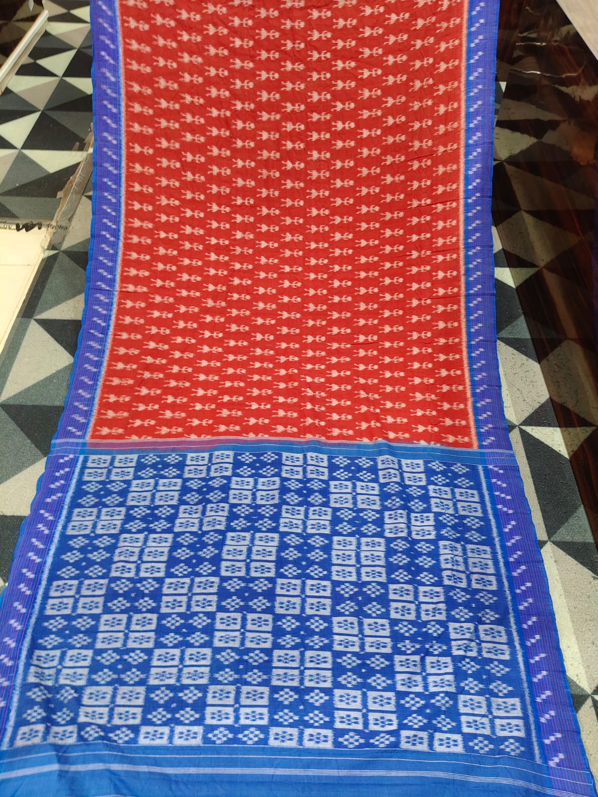 Red Blue Tribal Design Khandua Cotton Saree
