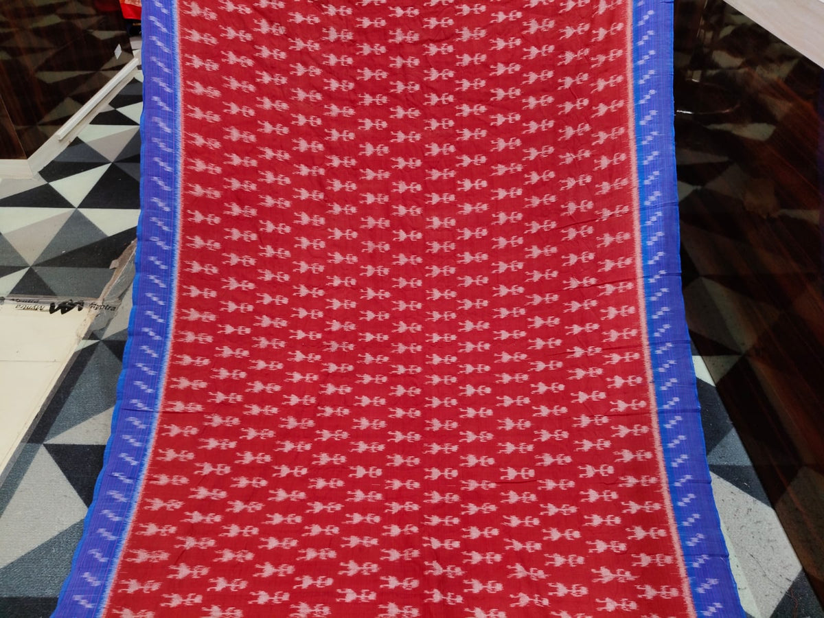 Red Blue Tribal Design Khandua Cotton Saree