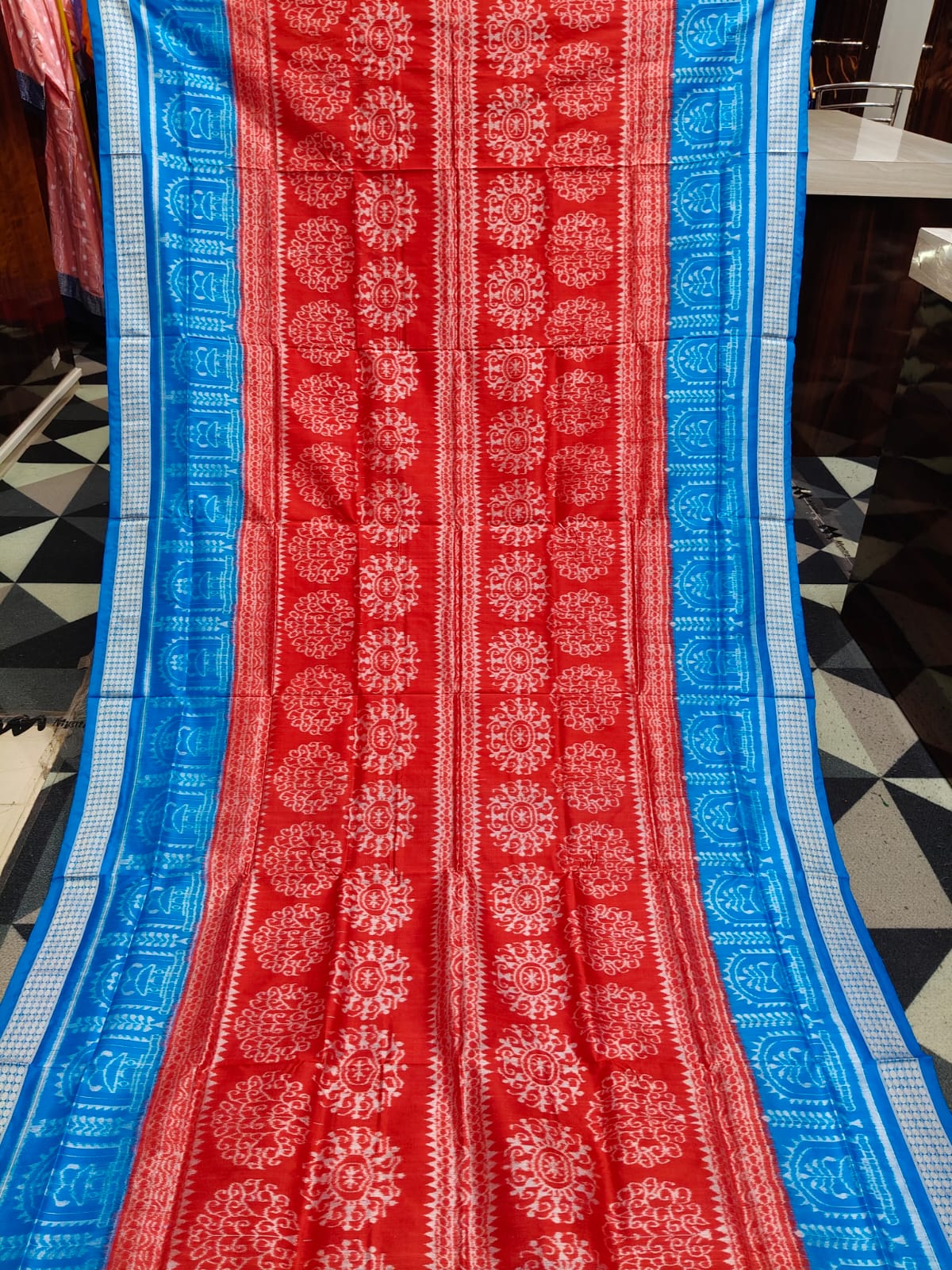 Red Copper Sulphate Tribal Design Sambalpuri Silk Saree