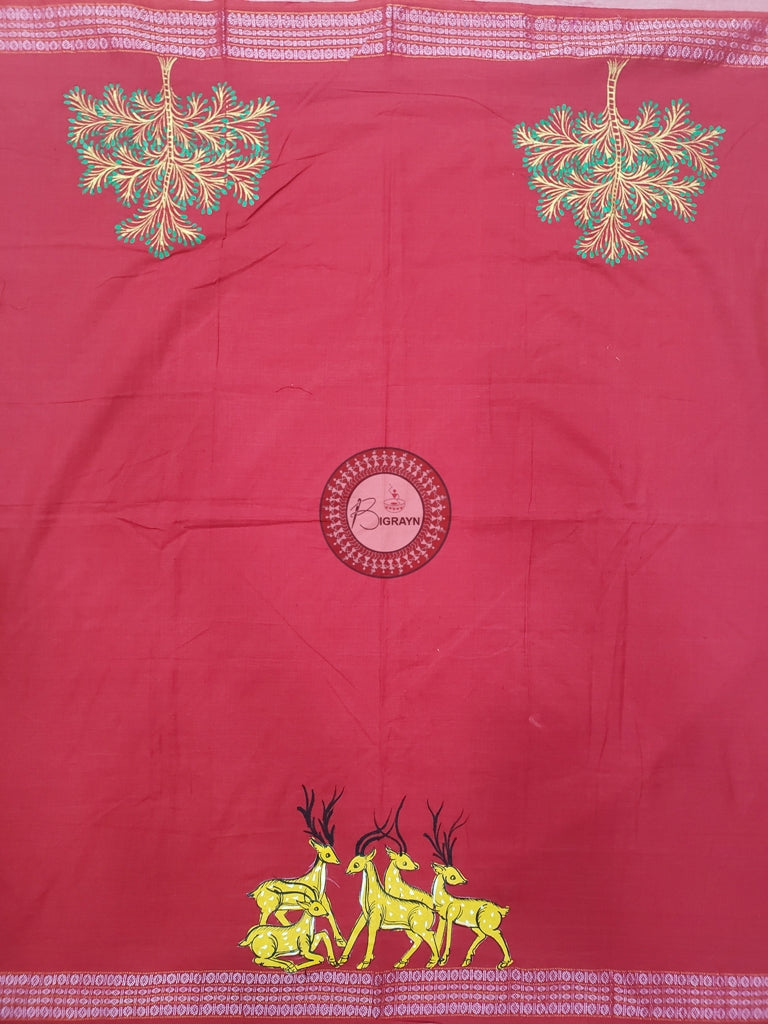 Red Deer Theme Pattachitra Cotton Blouse Piece