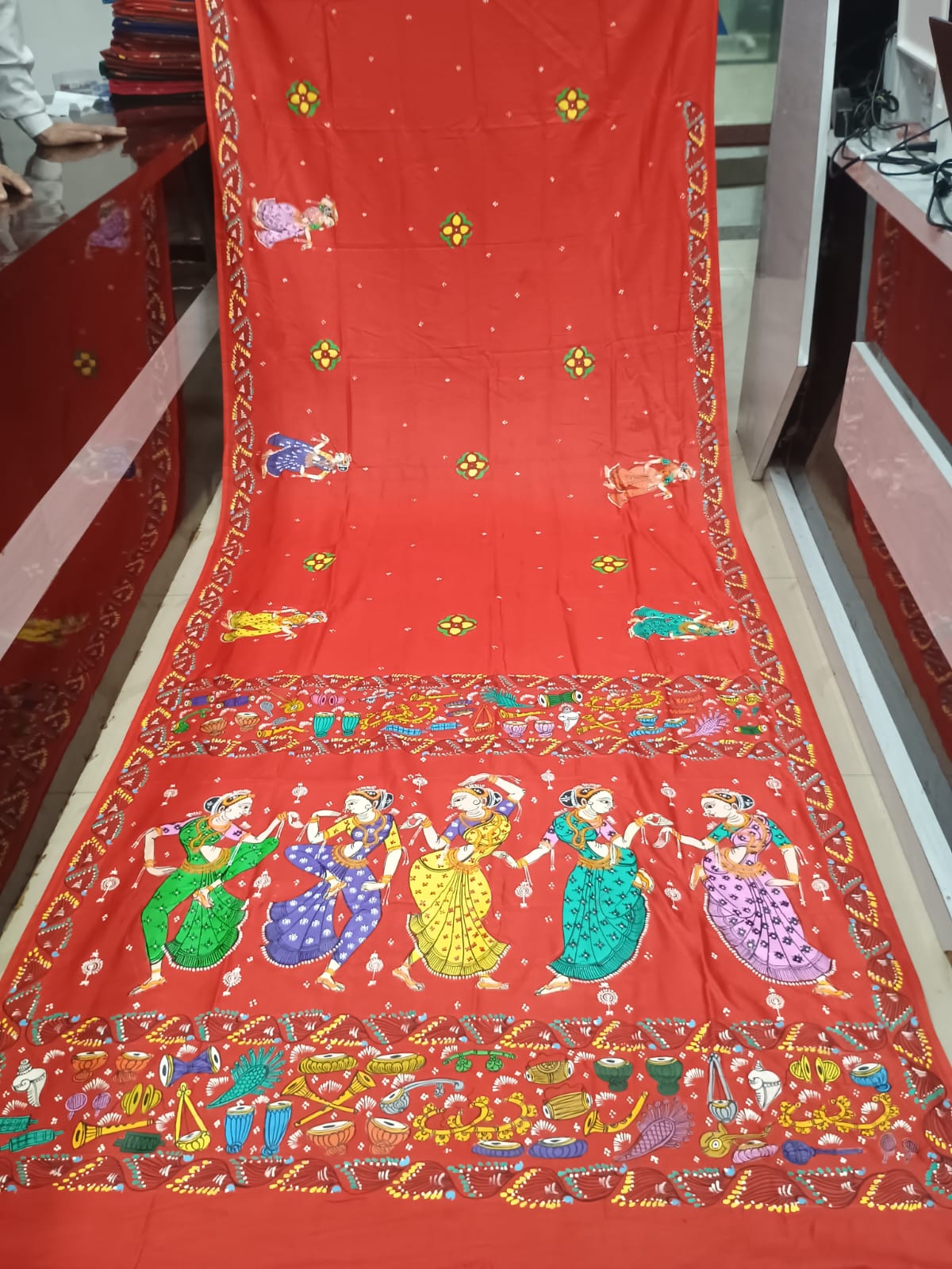 Red Dancer And Musical Instruments Theme Pattachitra Khadi Silk Saree