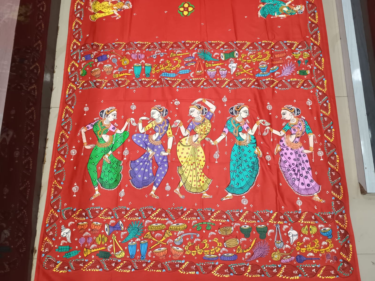 Red Dancer And Musical Instruments Theme Pattachitra Khadi Silk Saree