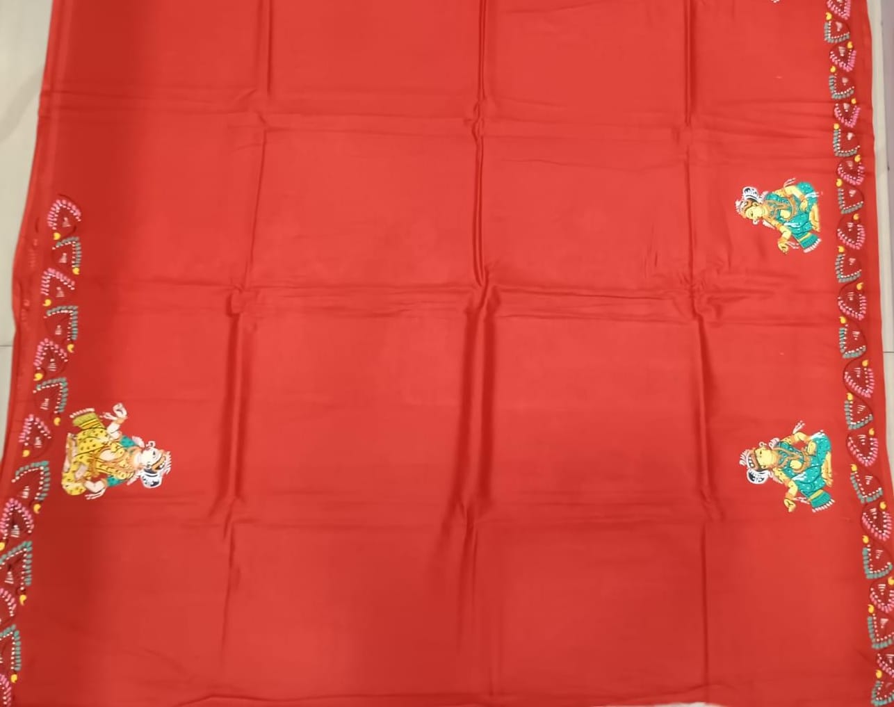Red Radha Krishna Astana Rasa Theme Pattachitra Khadi Silk Saree