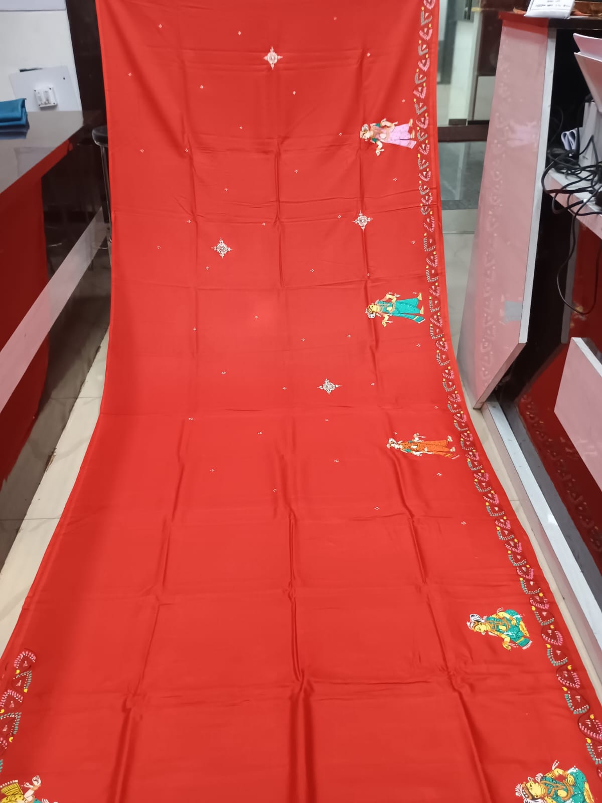 Red Radha Krishna Astana Rasa Theme Pattachitra Khadi Silk Saree