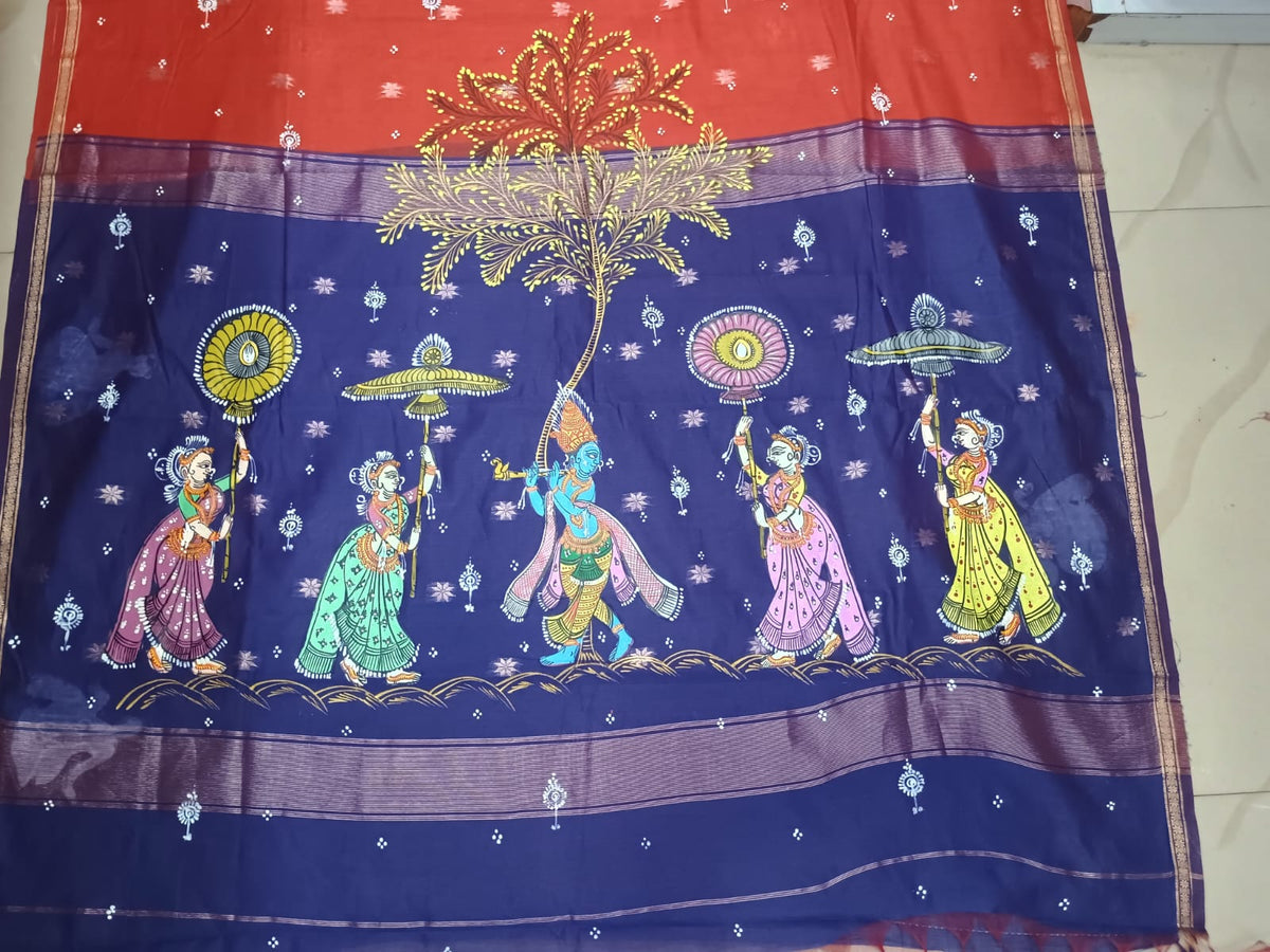 Rust & Blue Hand-Painted Pattachitra Saree – South Cotton Krishna Rasa Theme