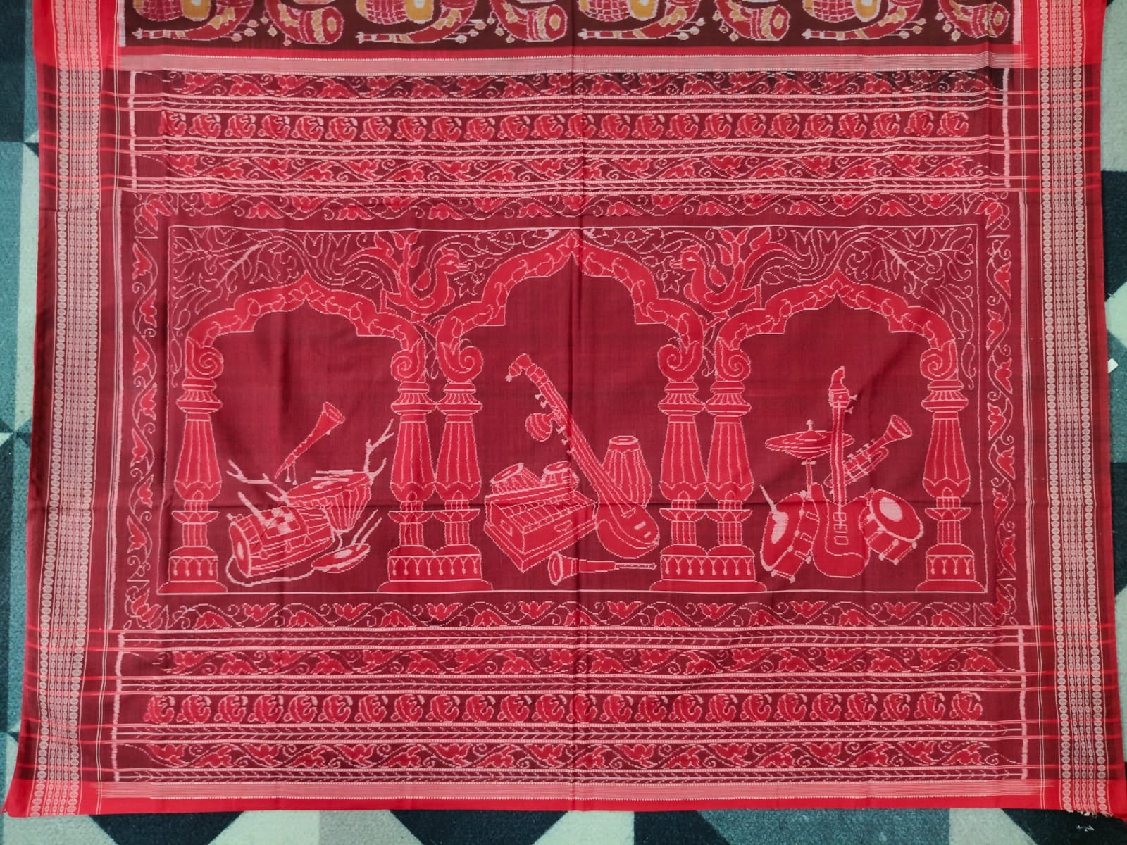 Maroon Red Musical Instrument Design Sambalpuri Cotton Saree