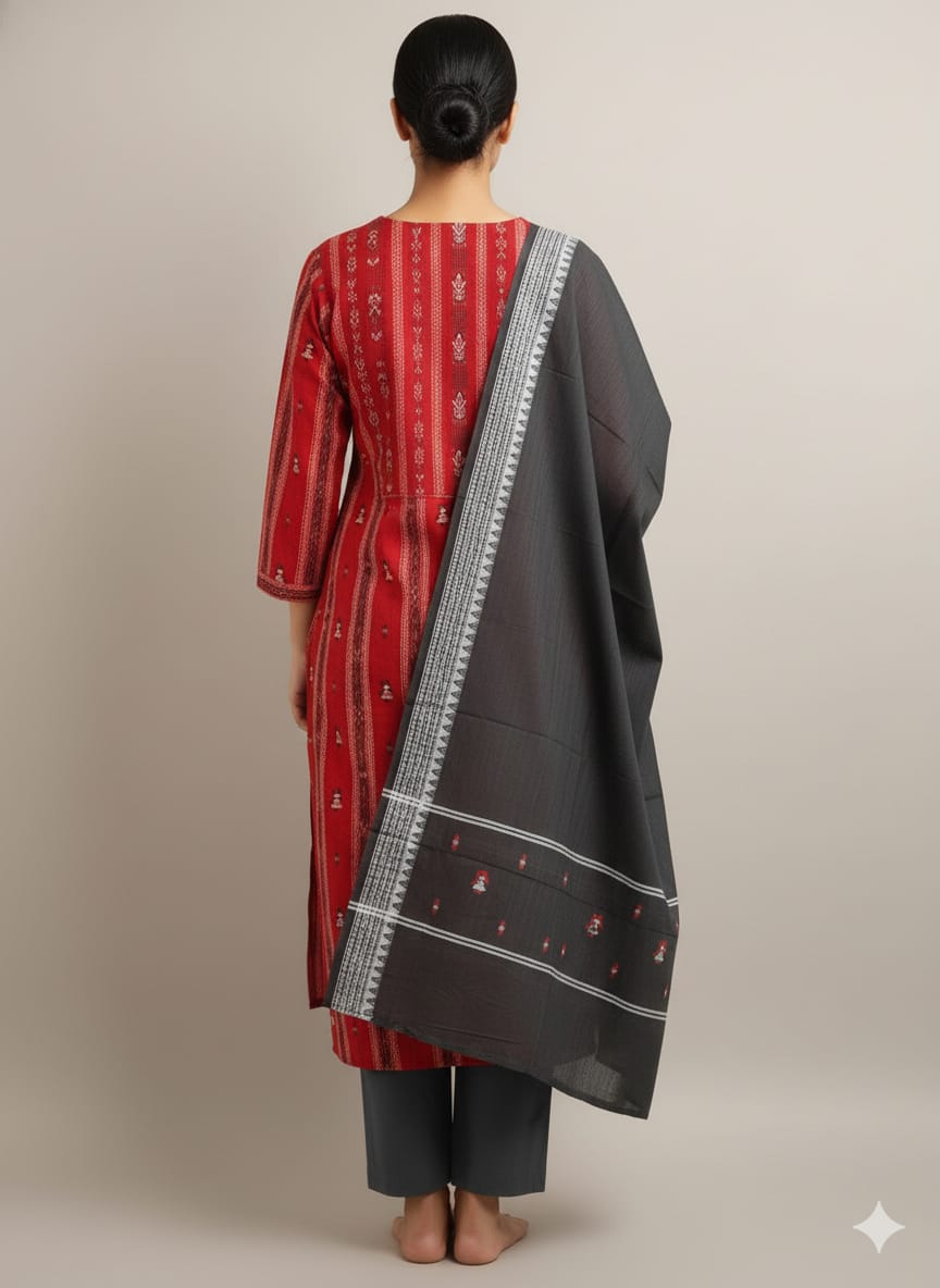 Red Black Doll Design Handwoven Odisha Ikat Unstitched Dress Material Set (Top 2.5m, Dupatt2.5m, Bottom 2m)